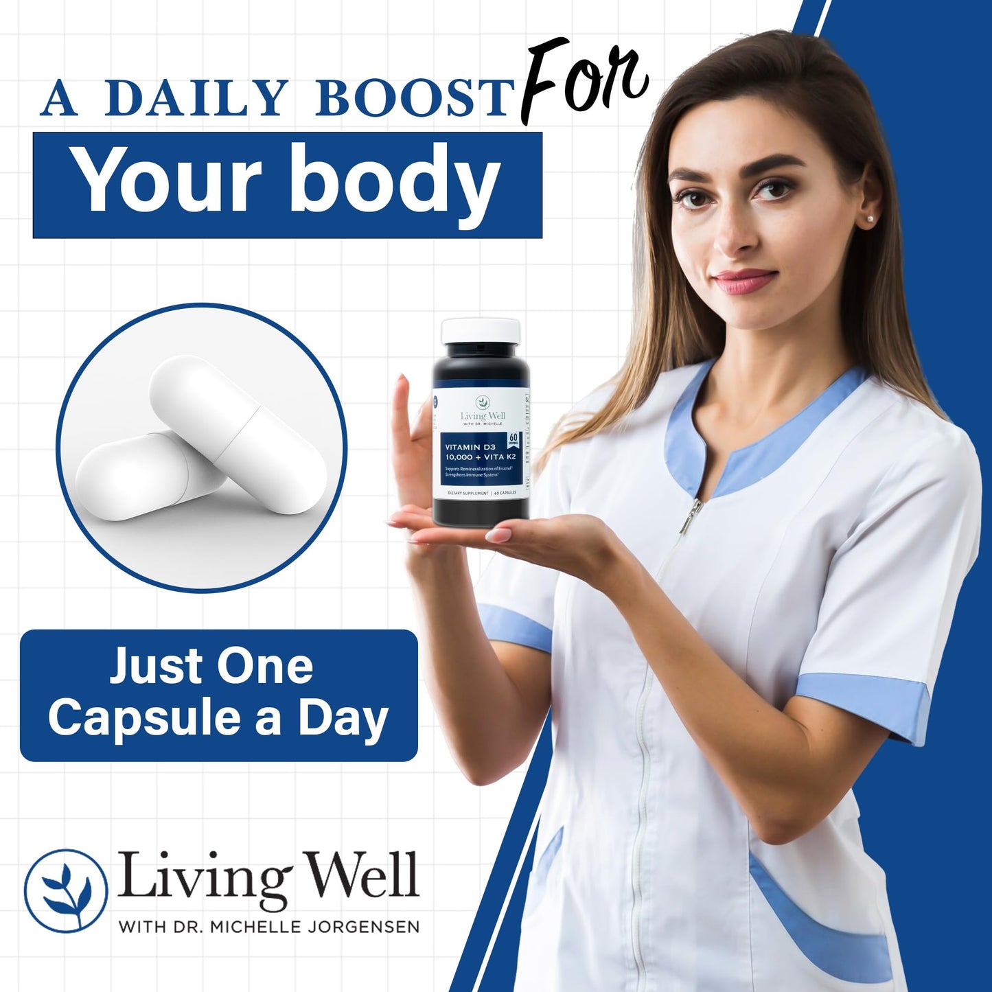 Living Well with Dr. Michelle Vitamin D3 10,000 IU with K2, 60 Capsules