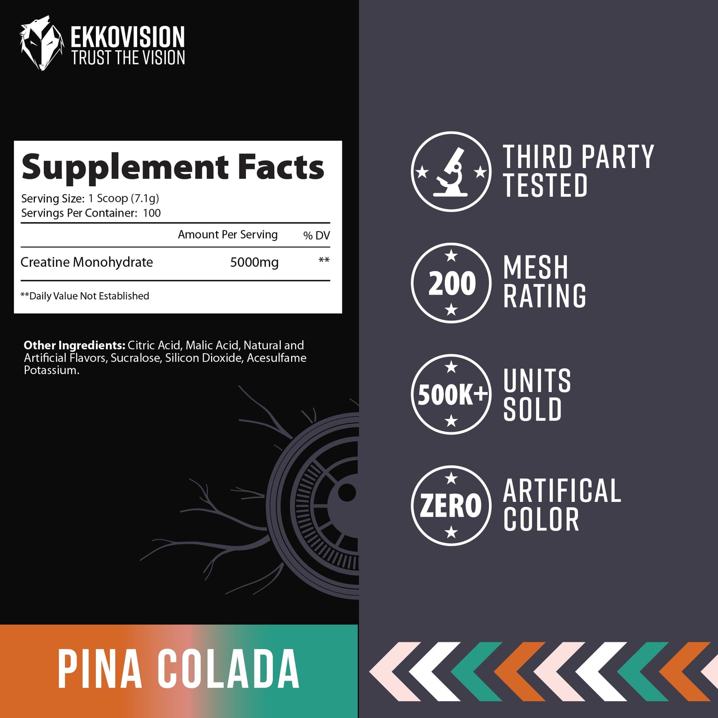 Ekkovision Creatine Monohydrate Powder, Micronized, Pina Colada, 100 Servings