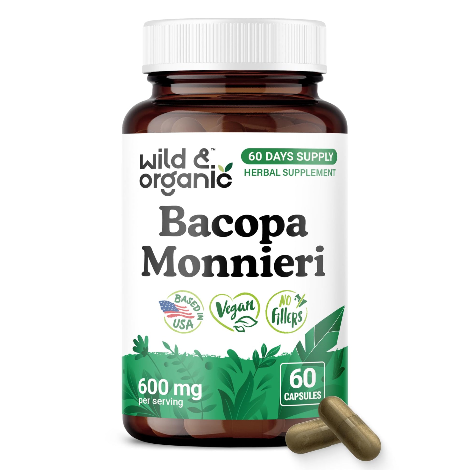 Wild & Organic Bacopa Capsules 600 mg - Brain Support - Natural Bacopa Monnieri Supplement (Brahmi) - 60 Count