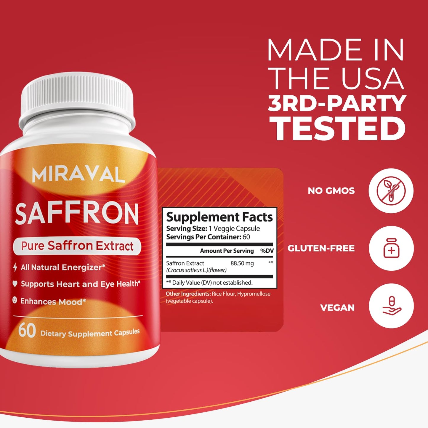 Miraval Saffron Supplement Capsules, 60 Capsules