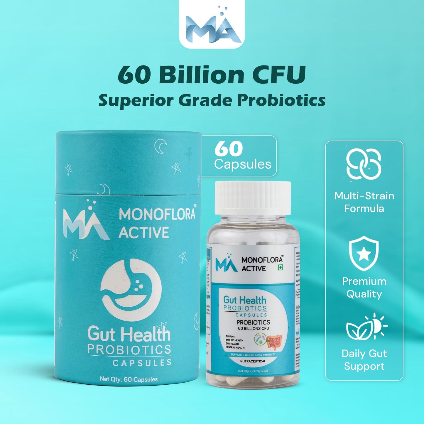 MONOFLORA ACTIVE Probiotics 60 Billion CFU for Gut Health – Prebiotics & Probiotics Supplement for Men & Women Digestive Health, Gut Cleanse, Bloating, Gas, Acidity & Constipation Support, 60 Capsules