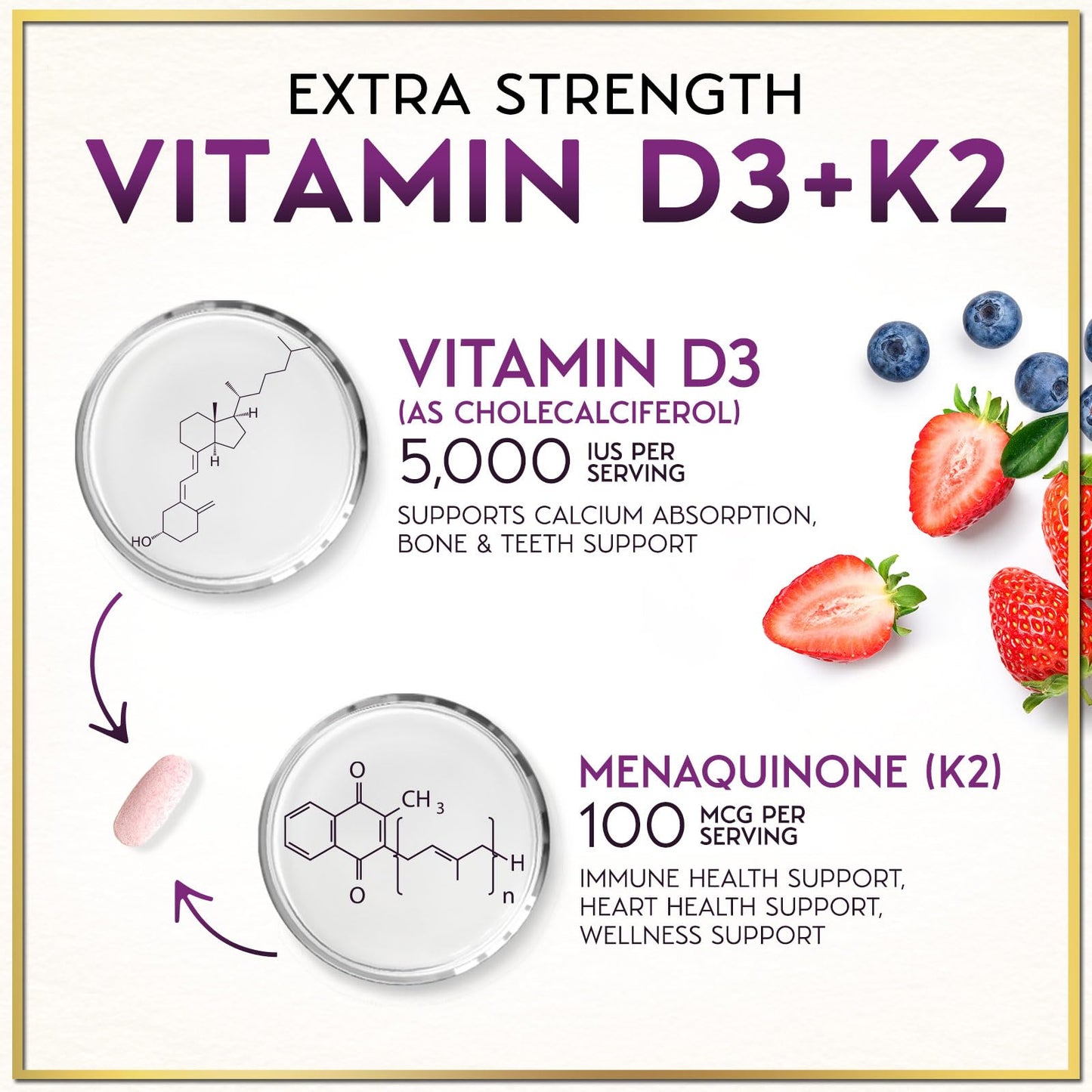 Hello Lovely! Vitamin D3 K2 (MK-7) Complex - 5000 IU per Serving for Immune Support and Bone Health - Berry Chewable, Gluten Free, 120 Tablets