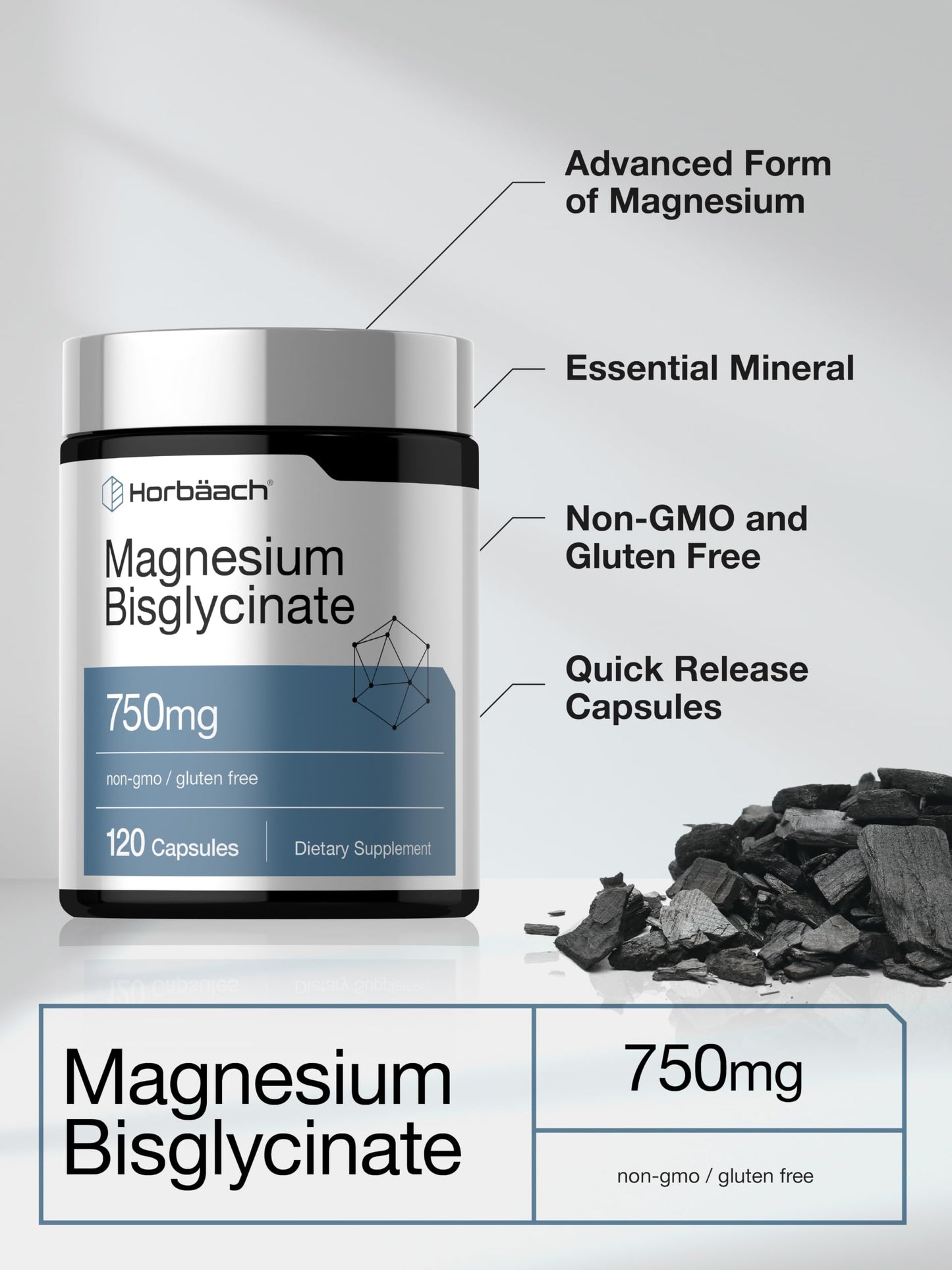 Horbäach Magnesium Bisglycinate 750mg Capsules, 120 Count