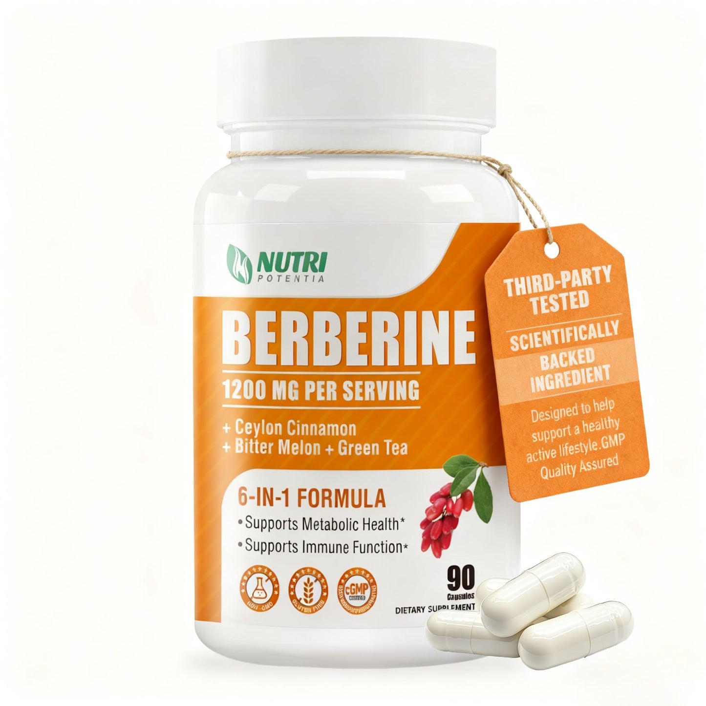 NUTRI POTENTIA Organic GLP-1 Berberine Supplement with Ceylon Cinnamon, Bitter Melon & Green Tea Extract, 90 Capsules