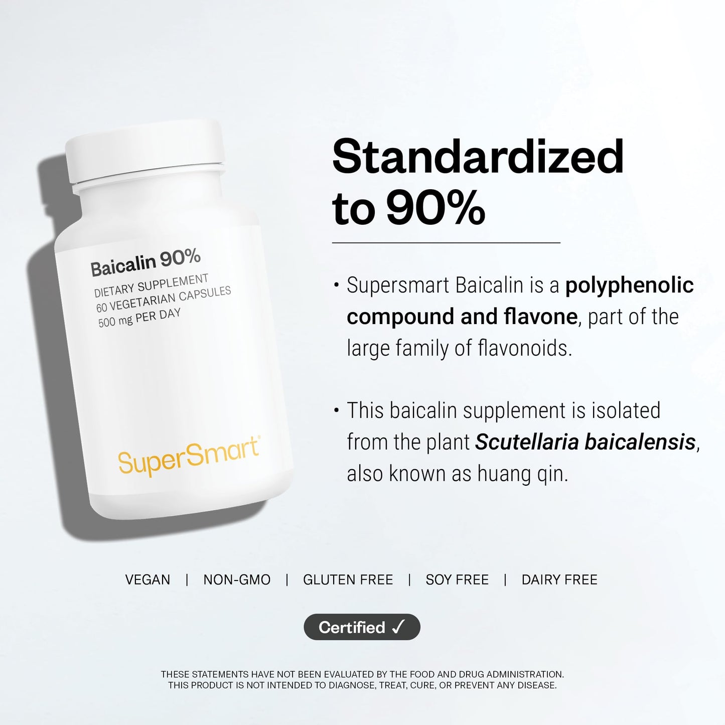 Supersmart Baicalin 90% 500mg (Scutellaria Baicalensis) Chinese Skullcap Capsule 60 Count