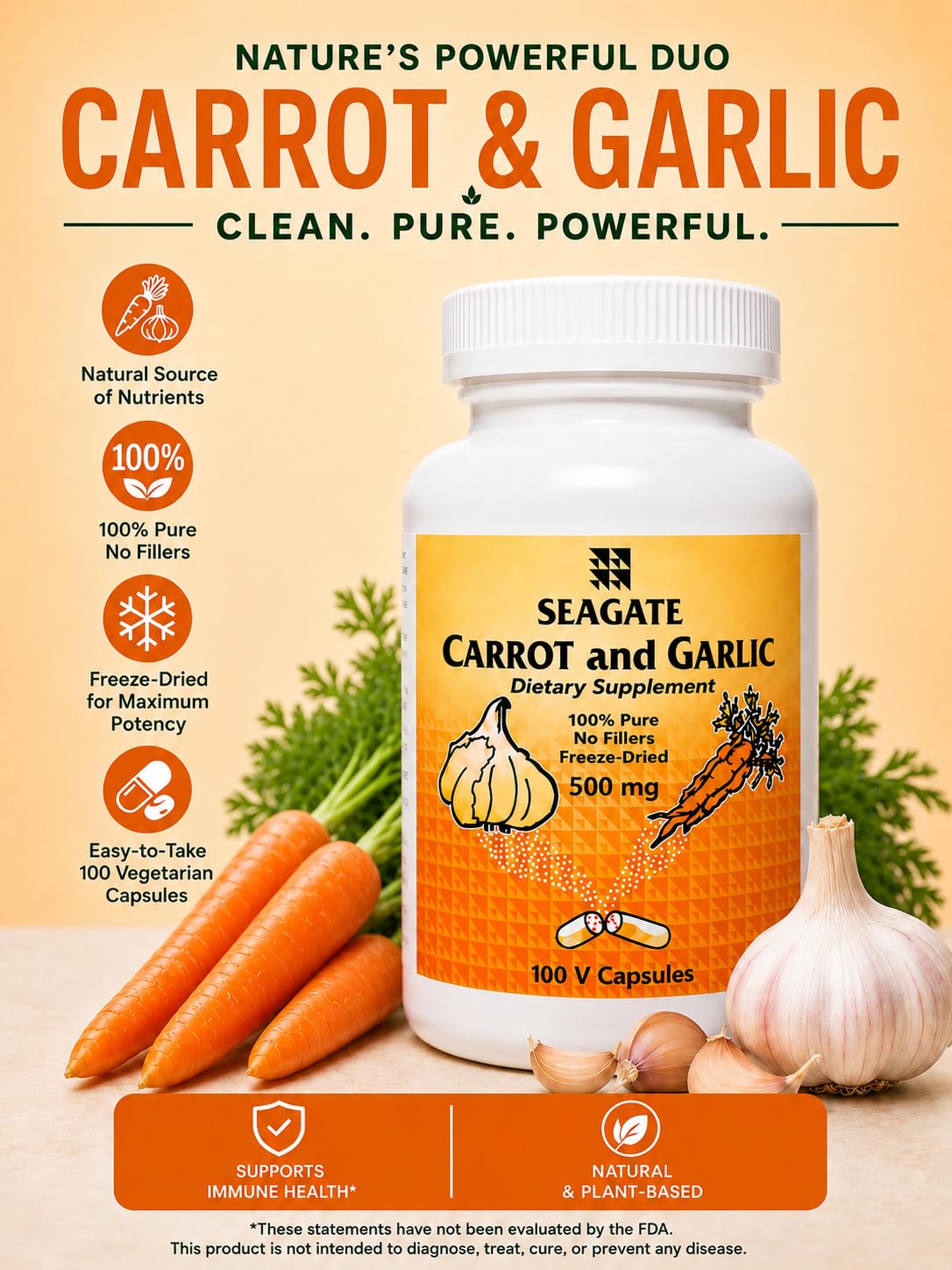 Seagate Carrot and Garlic 500mg Capsules, 100 Count