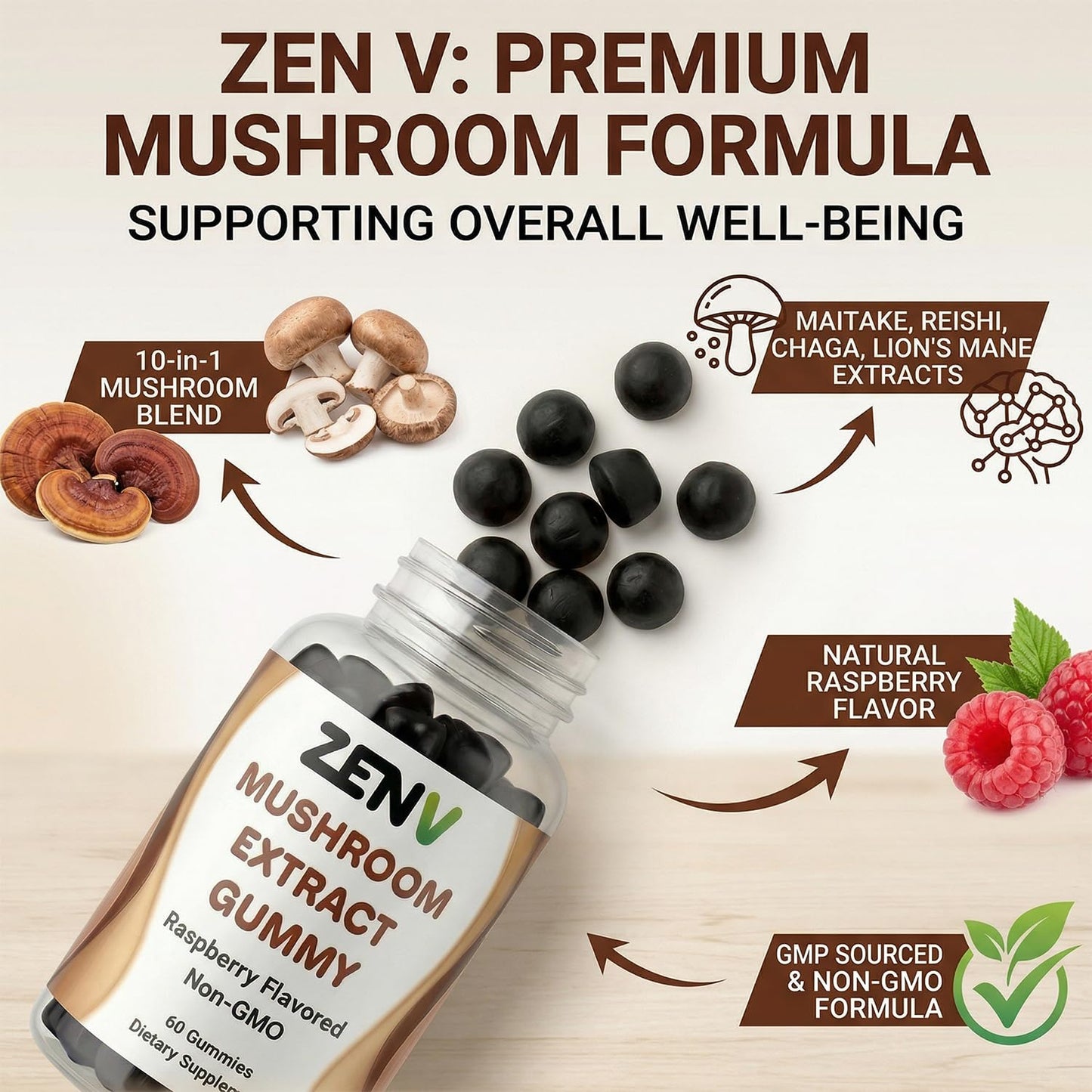 ZENV Mushroom Extract Gummies, 60 Count