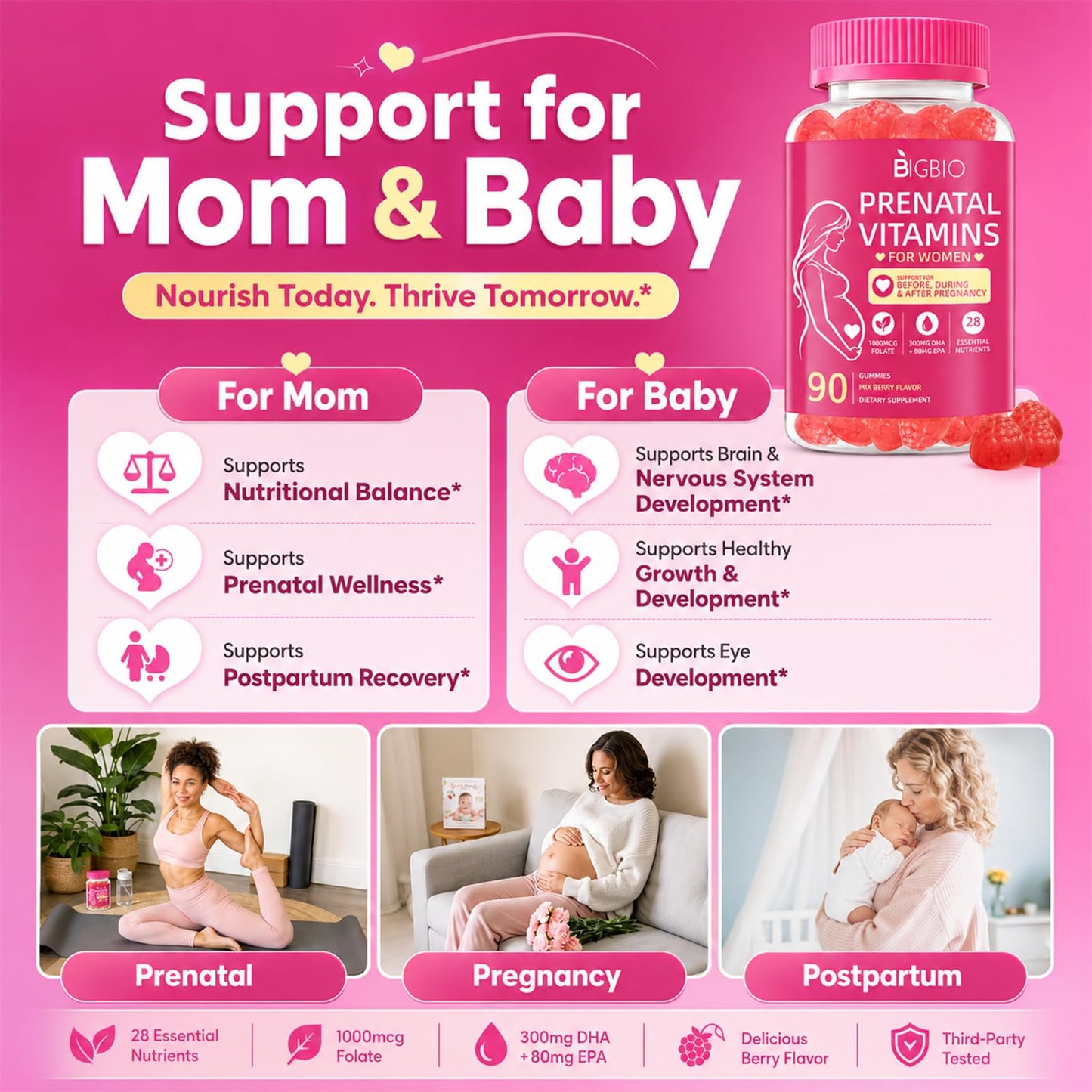 BIGBIO Prenatal Vitamins for Women Gummies, Methylfolate 1mg, Choline, Omega 3 DHA EPA, Iron, Probiotics & B Complex, Postnatal Vitamins for Breastfeeding, Sugar Free Vegan, Mixed Berry, 90 Count