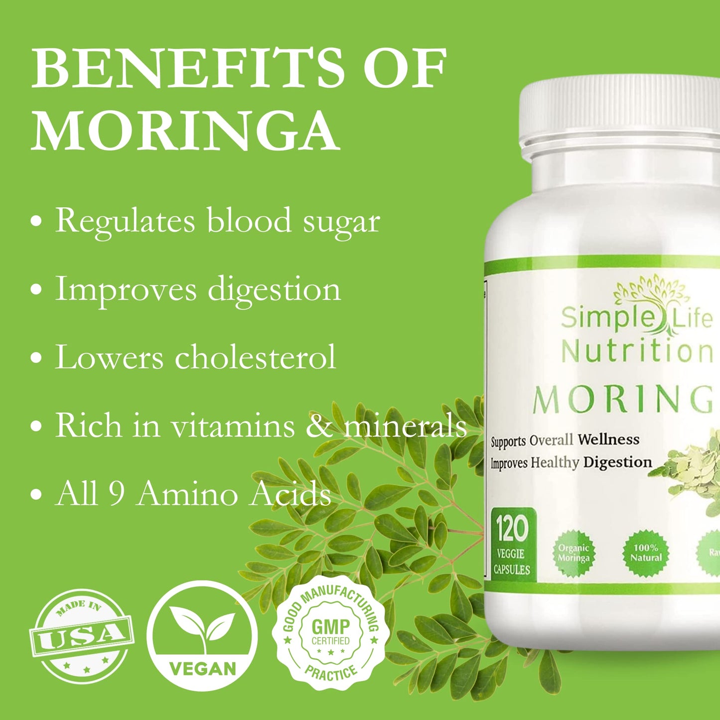 Simple Life Nutrition Organic Moringa Powder Capsules 120 Count