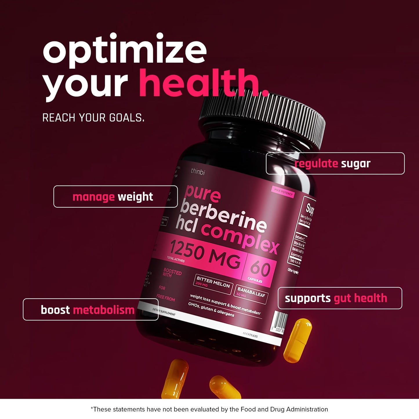 Thinbi Berberine HCl Supplement – High Potency Capsules with Bitter Melon & Banaba Leaf – Botanical Formula from Barberry Extract, 60 Capsules