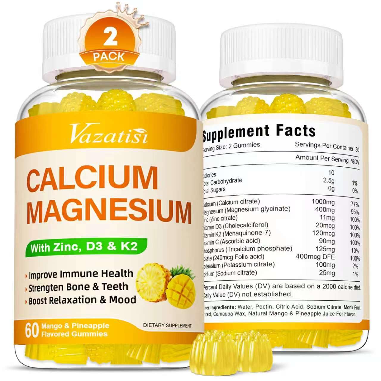 Vazatisi Calcium Magnesium Zinc Gummies with Vitamin D3 and K2, High Absorption Magnesium Glycinate Potassium for Immune Support and Calm Mood, Vegan Mango Pineapple Flavor, 120 Gummies