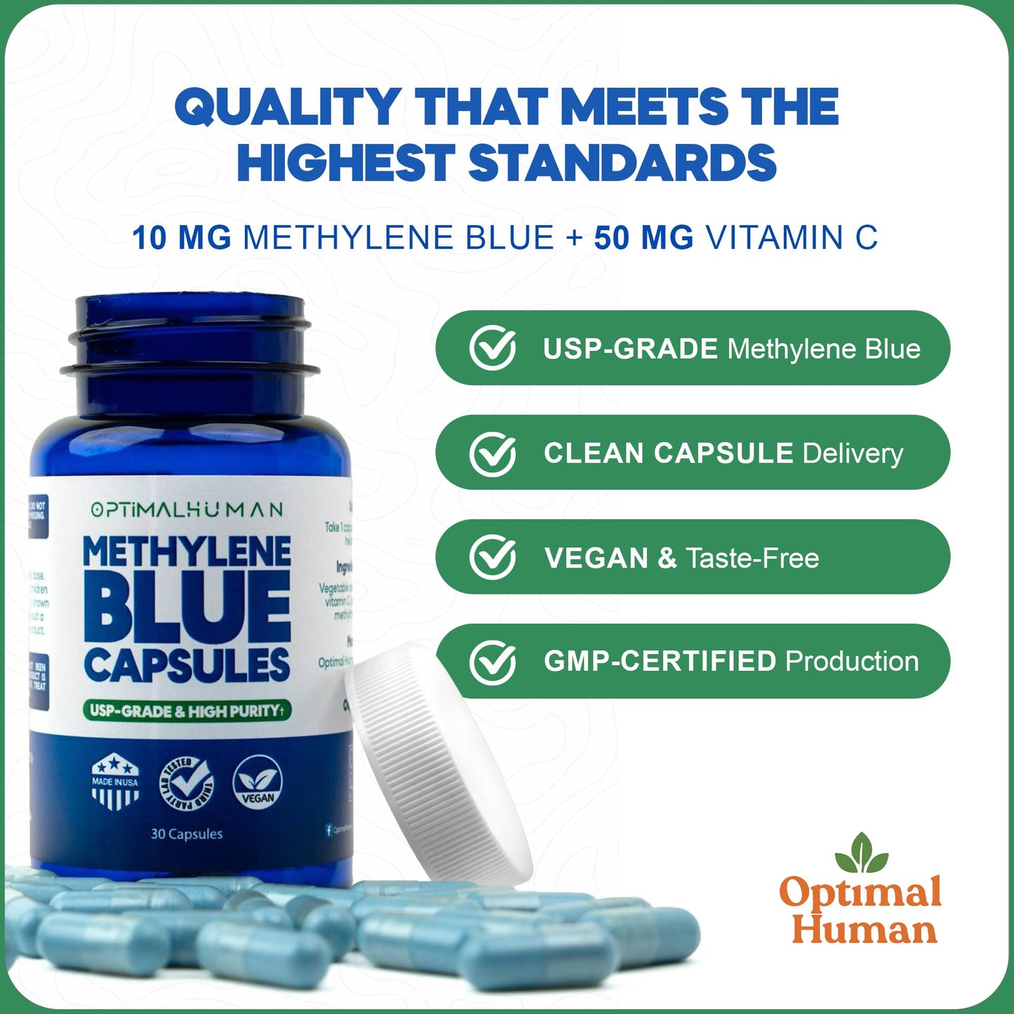 O H Optimal Human Methylene Blue Capsules 10mg USP, Vitamin C, 30 Count