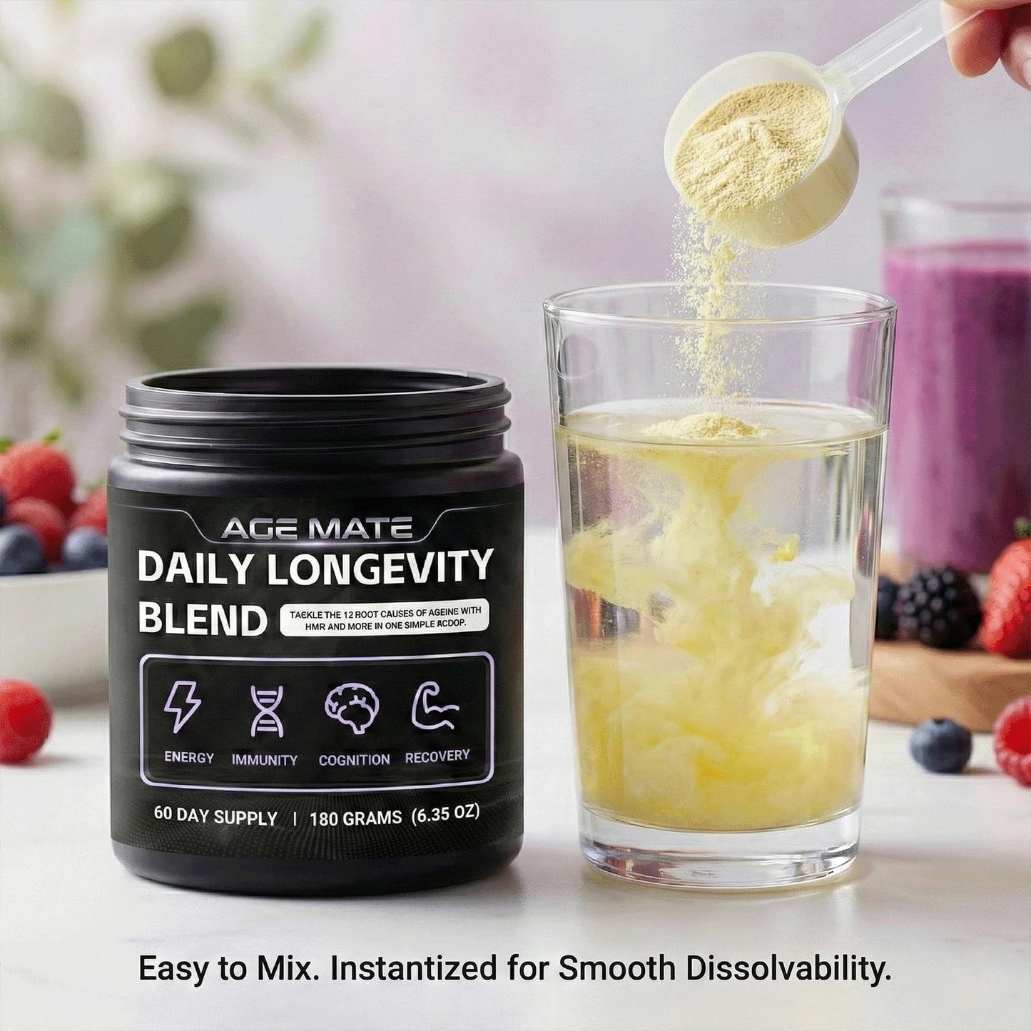 Age Mate Daily Longevity Blend Powder, Sugar Free Prebiotic Fiber, Supports Energy Levels, 6.35 oz