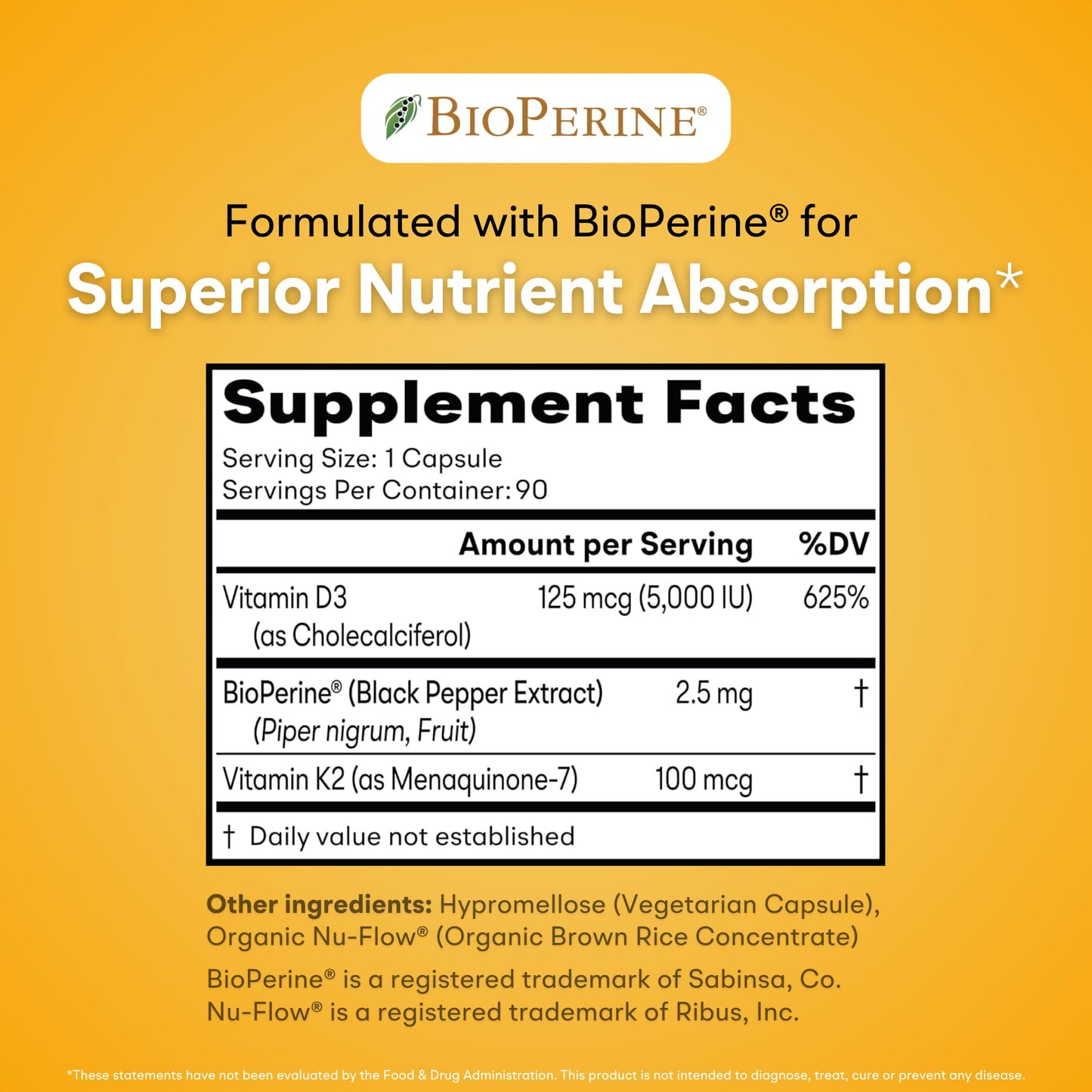 You Vites Vitamin D3 + K2 Max Absorption 5000 IU D3 & 100 mcg K2 MK-7 with BioPerine, 90 Capsules