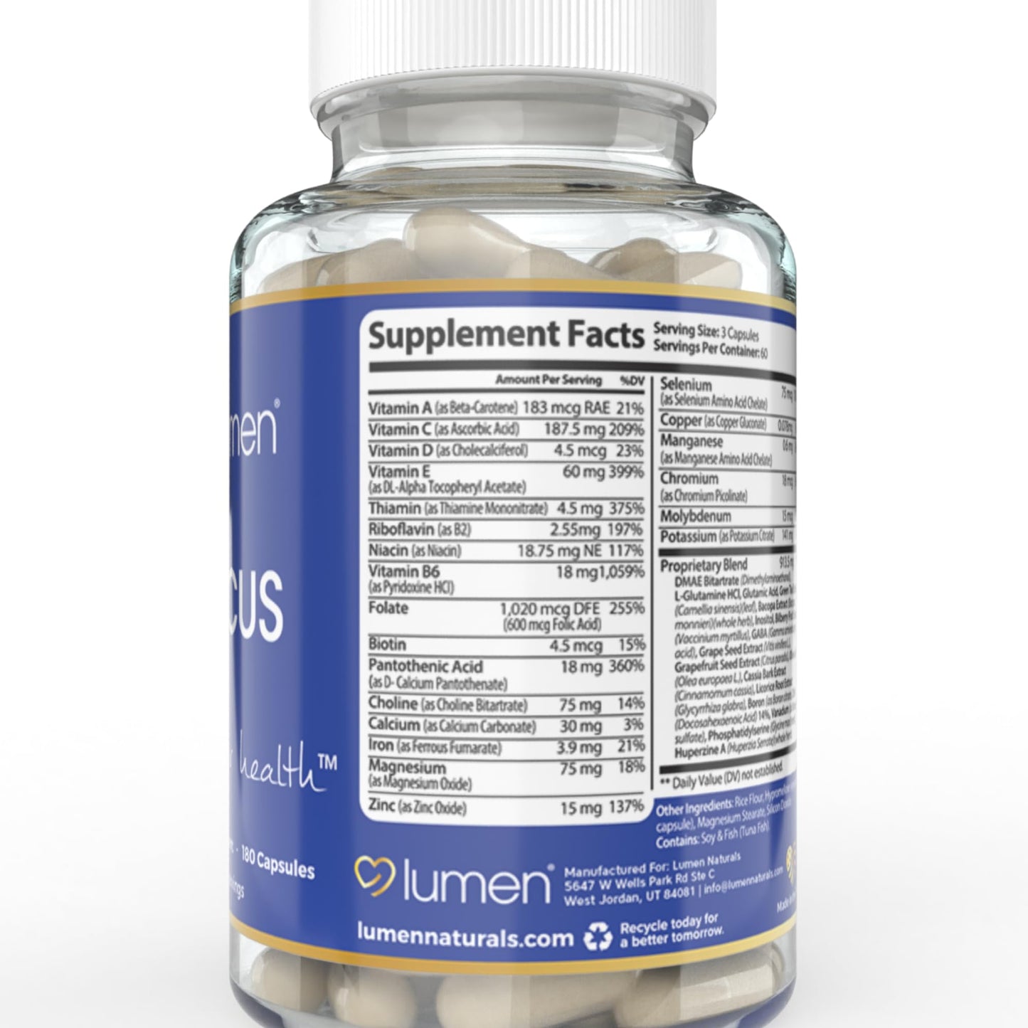 Lumen Naturals Focus Neuro Brain Supplement for Women 180 Capsules