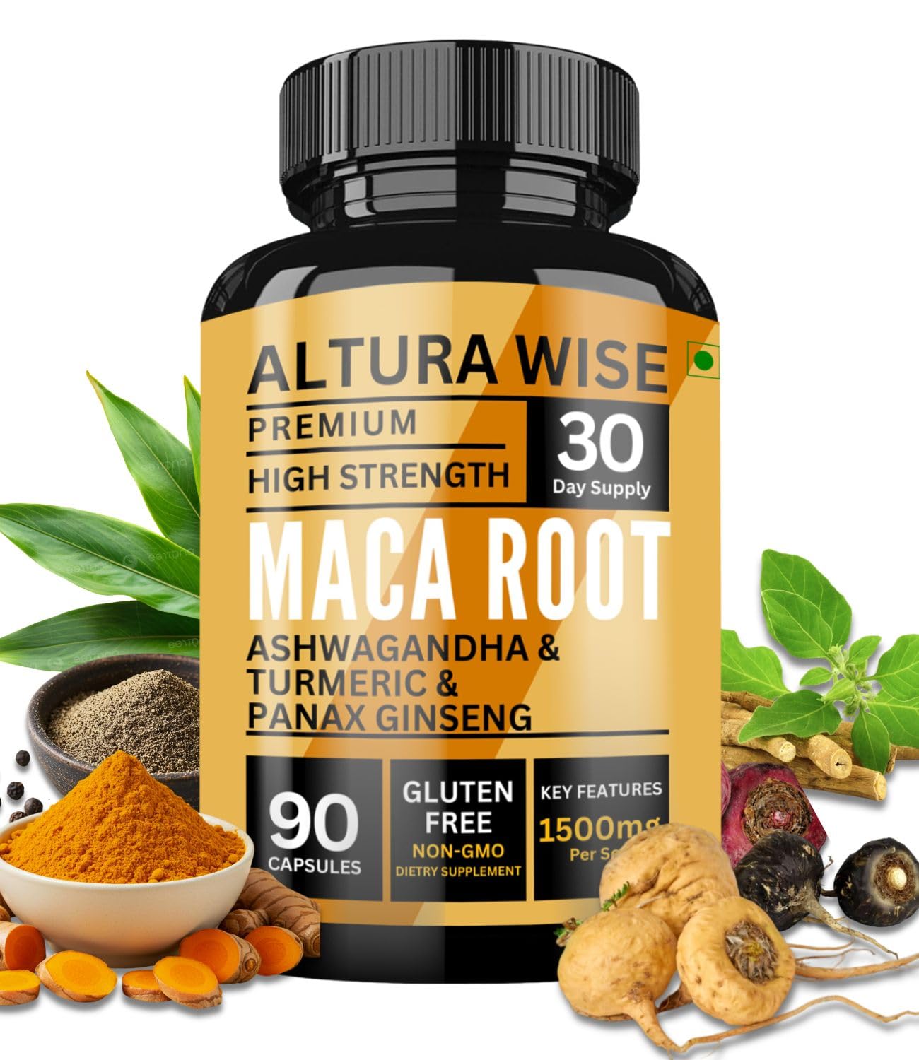 AlturaWise 5 in 1 Pure Maca Root Capsules for Men and Women with Ashwagandha & Panax Ginseng Extract, Black, Red & Yellow Maca, 90 Capsules