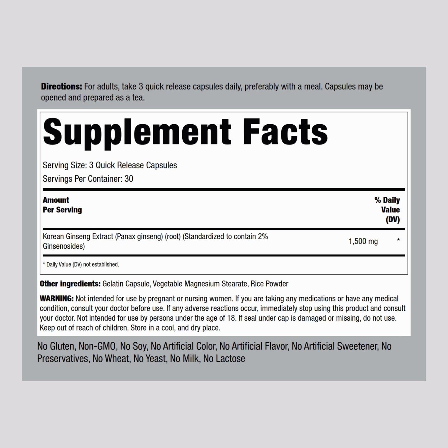 Piping Rock Korean Panax Ginseng Supplement 1500mg Capsules, 90 Capsules