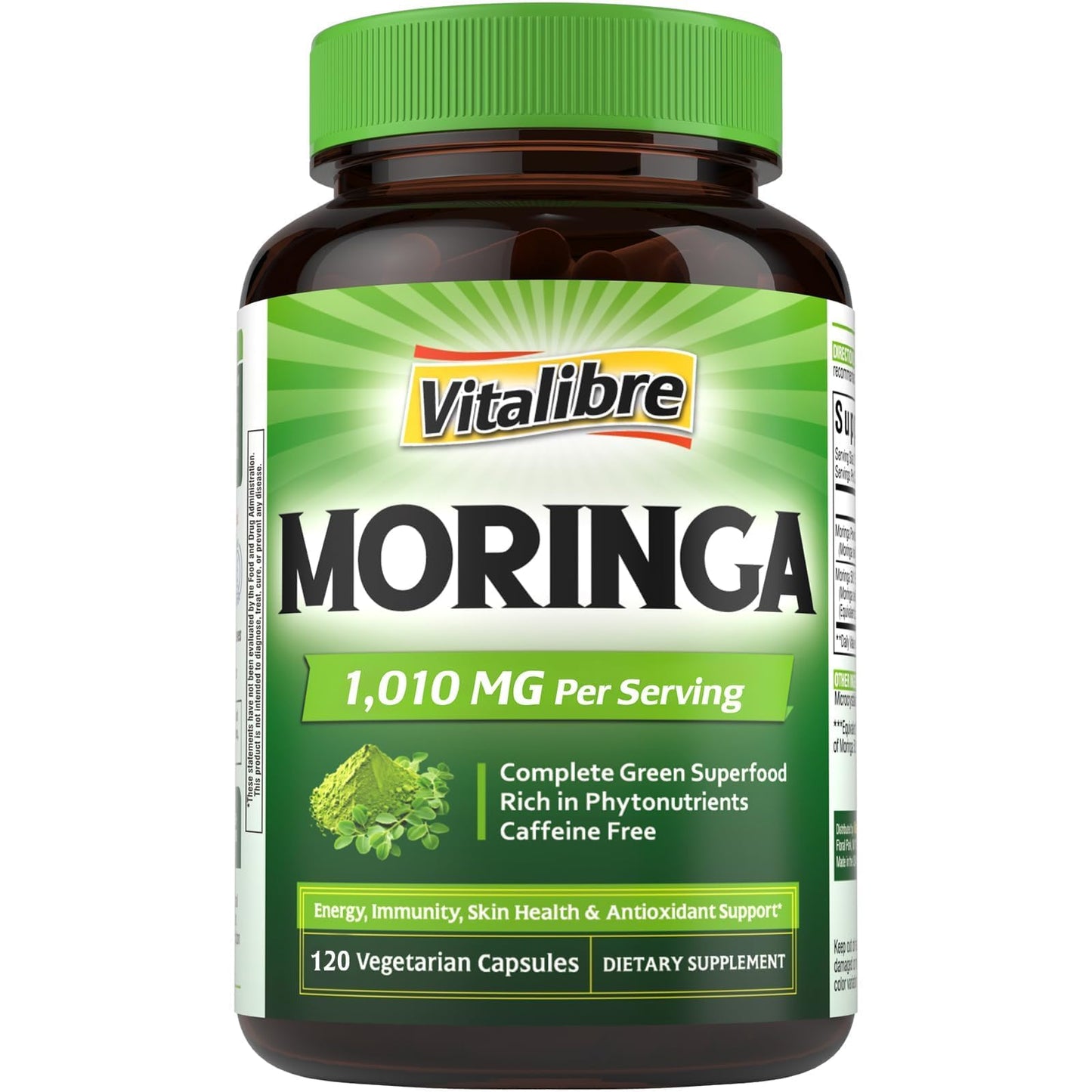 Vitalibre Moringa 1010 mg Maximum Potency Complete Green Superfood Rich in Antioxidants No Gluten & Caffeine Non-GMO Energy Immune Gut & Skin Health 120 Capsules