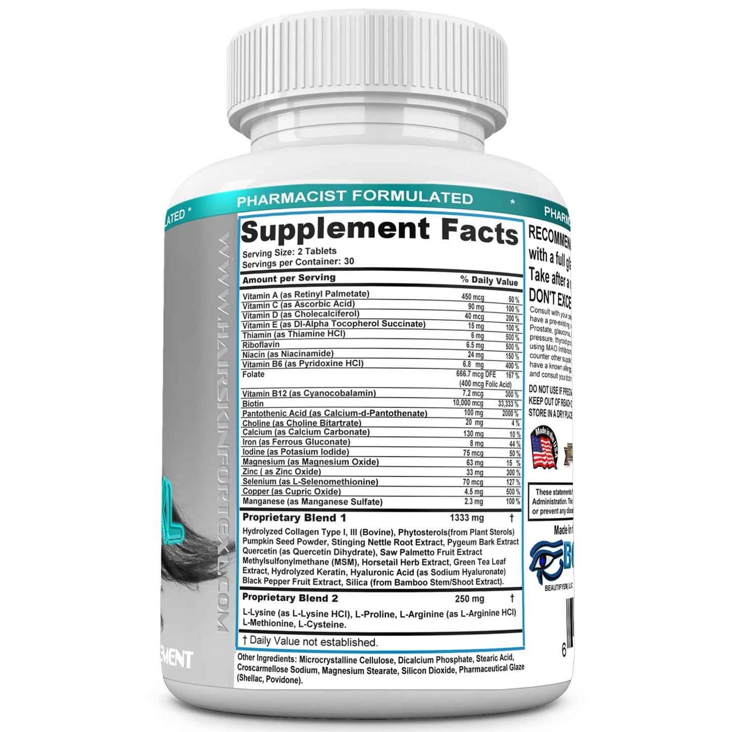 BEAUTIFYEM Hair Skin Forte XL Hair & Skin Growth Complex 10,000 mcg Biotin + Collagen Peptides Promotes Thicker, Stronger, Healthier Hair & Radiant Skin 60 Tablets