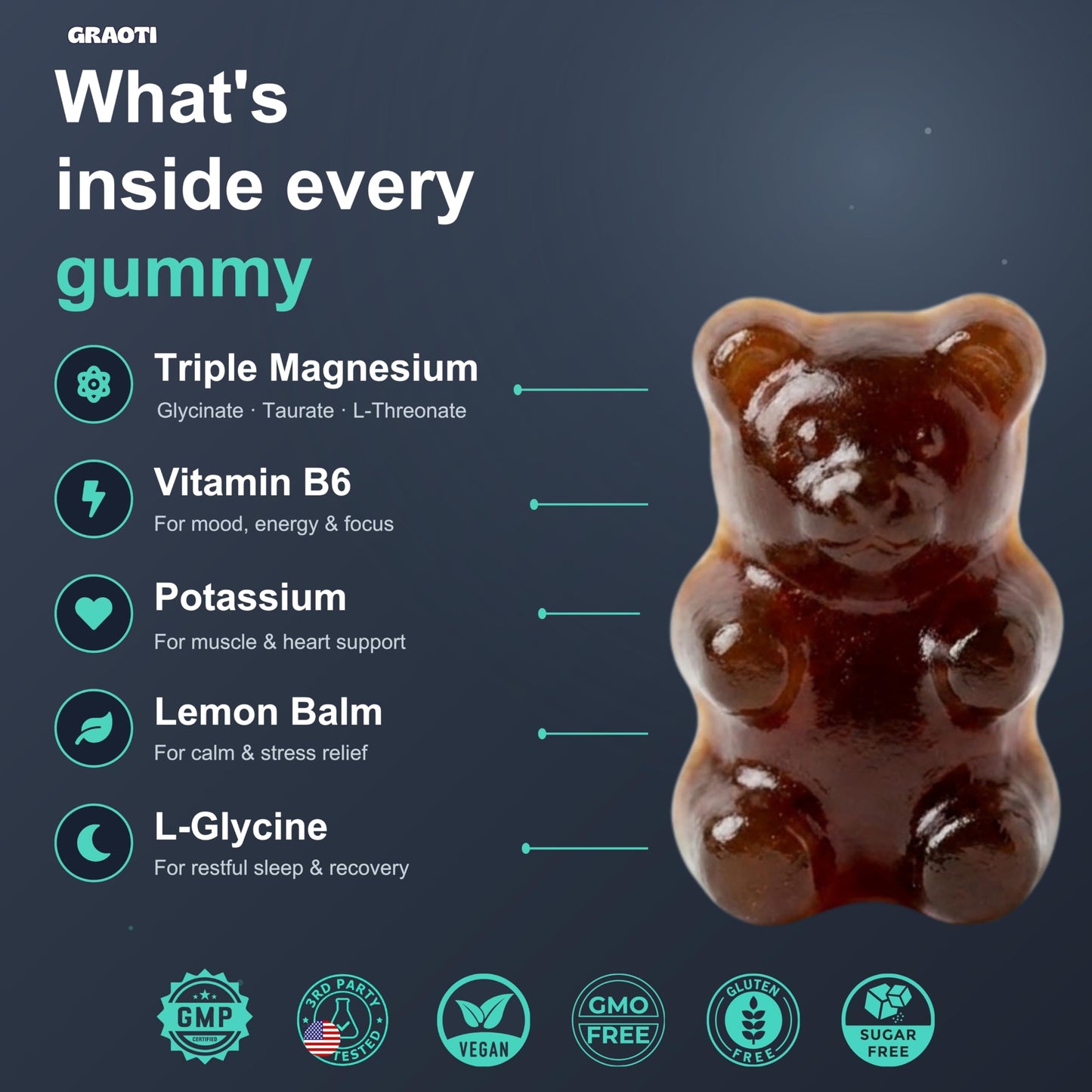 GRAOTI Magnesium Gummies 1000 mg/Serv with B6, 120 Gummies