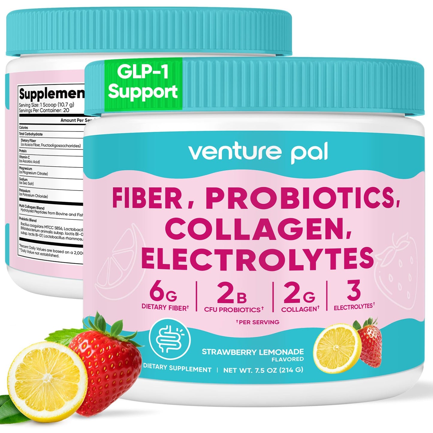 Venture Pal Daily Fiber Powder 7.84 oz – Fiber 6G with Probiotics, Collagen & Electrolytes – Supports Hydration & Inner Glow – Strawberry Lemonade