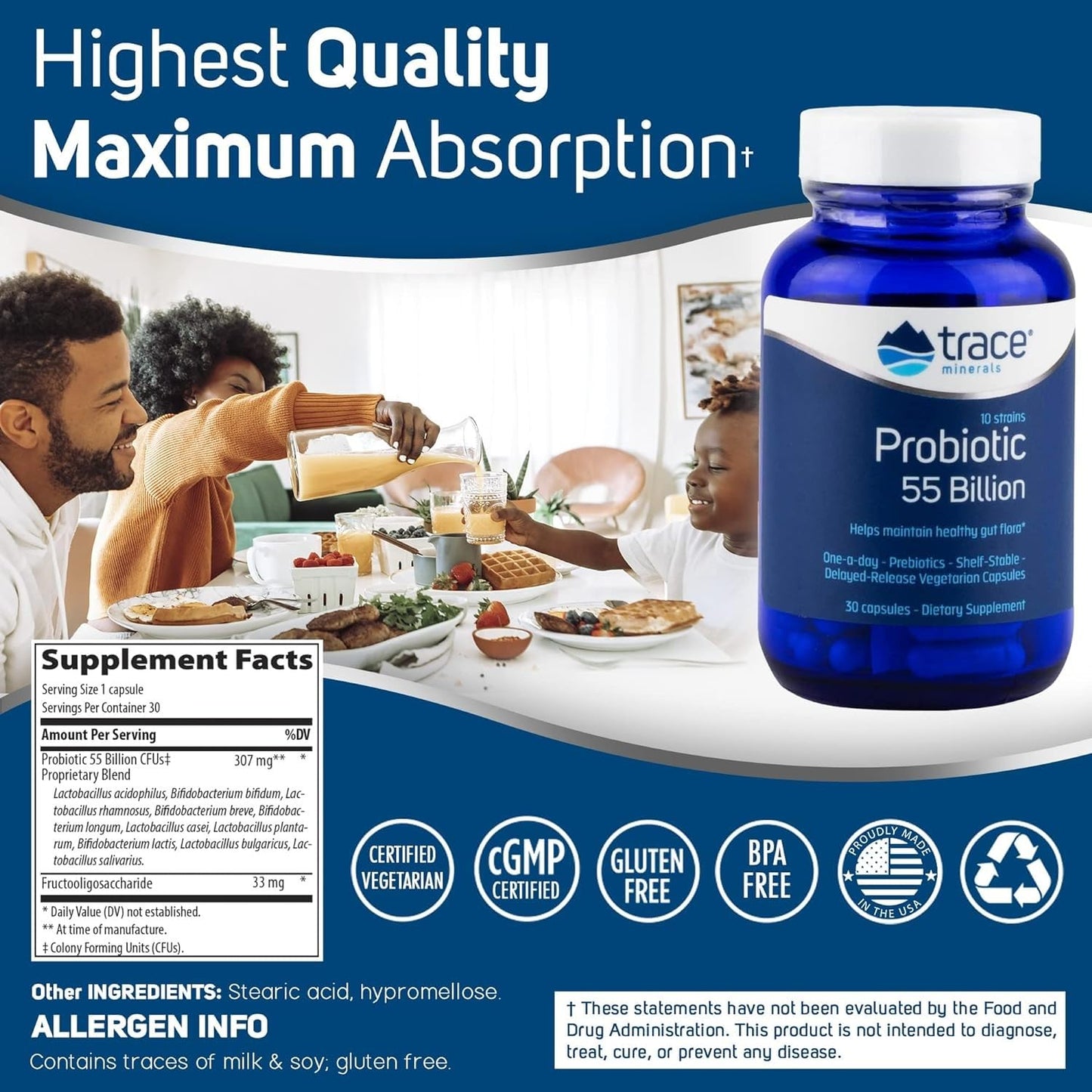Trace Minerals Probiotic 55 Billion High-Potency Probiotic for Small & Large Intestine Support Capsules, 30 Count