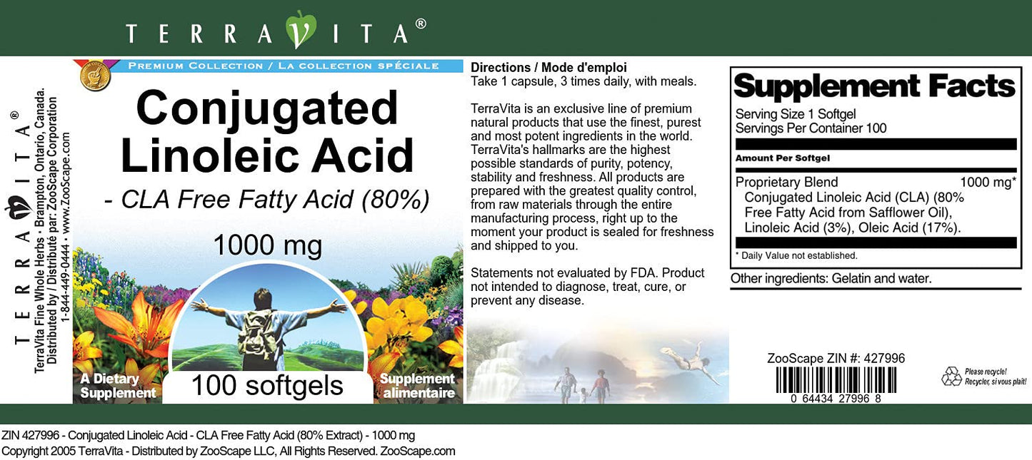 Terravita Conjugated Linoleic Acid Free Fatty Acid 80% 1000 mg Softgels 100