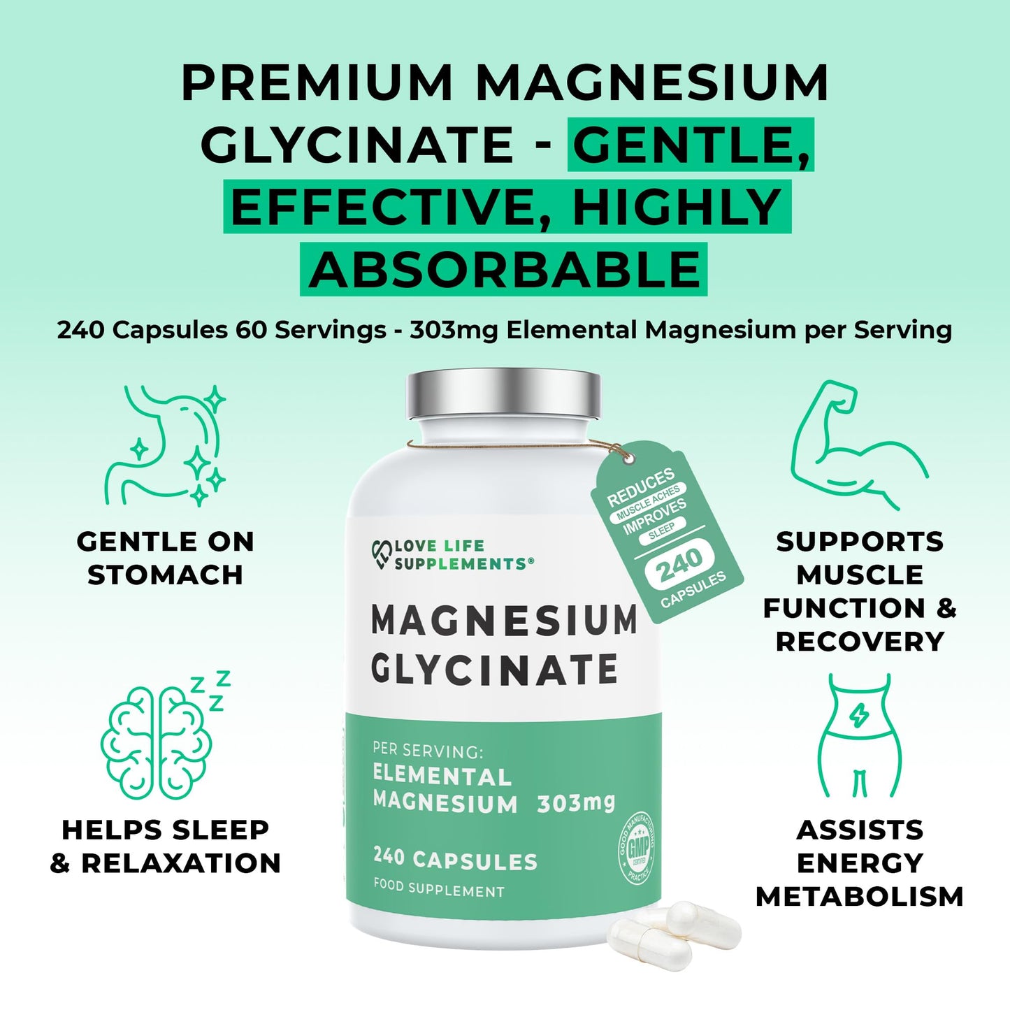 Love Life Supplements Pure Magnesium Glycinate (Bisglycinate) Capsules, 240 Count