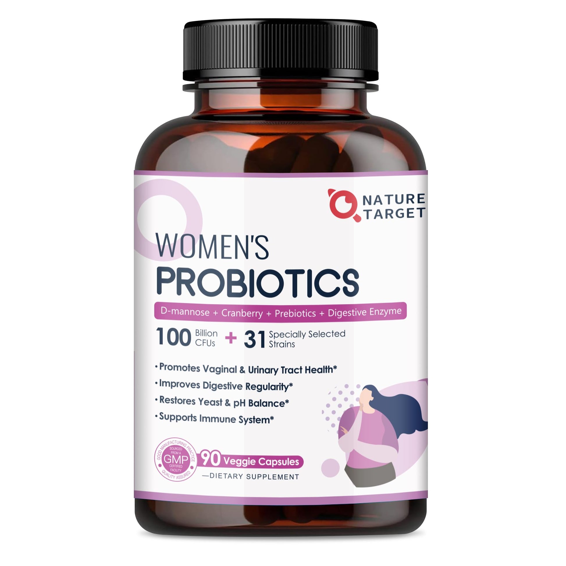 NATURE TARGET Probiotics for Women 100 Billion CFUs Probiotic with Digestive Enzymes & Prebiotics Vaginal Probiotics with Cranberry for Urinary Tract Health pH Balance Capsules 90