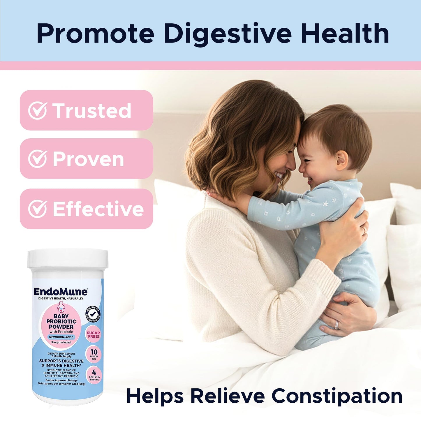 Endomune Jr Advanced Probiotic Powder, 2.1 oz (Pack of 1), 10 Billion CFUs, 4 Strains Bacteria & FOS Prebiotic, For Newborns, Infants, Toddlers & Baby