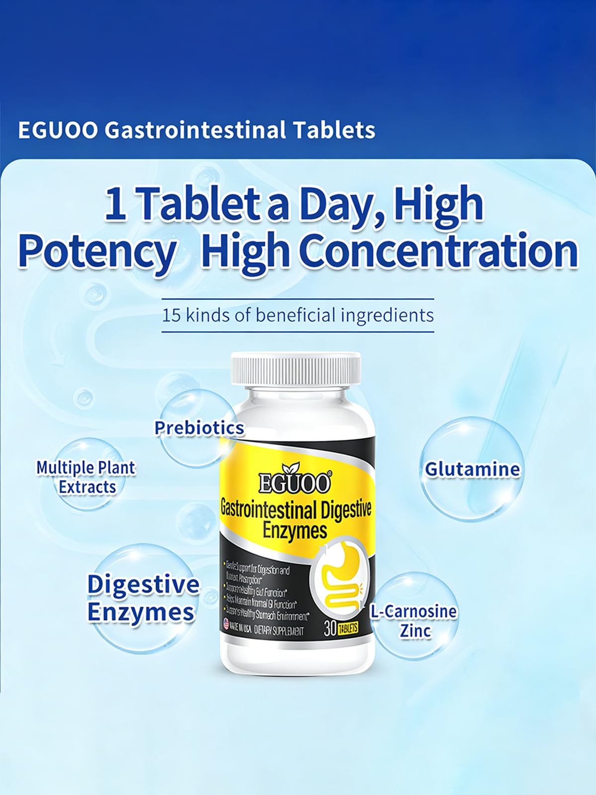 EGUOO Digestive Enzyme Complex with Lion’s Mane Mushroom Powder – L-Glutamine 1000mg, DigeZyme Multi-Enzyme, Zinc L-Carnosine, Multi-Prebiotic Complexes – Gut Health Supplement, 30 Tablets