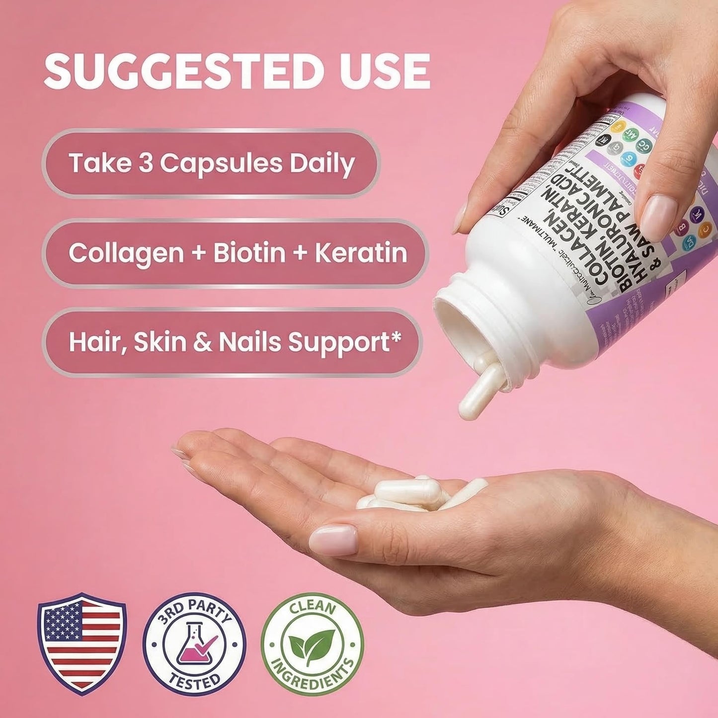 Clean Nutraceuticals Collagen Pills with Biotin, Keratin, Hyaluronic Acid for Hair, Skin & Nails - DHT Blocker with Vitamin E, Folic Acid, Pumpkin Seed, MSM, 90 Capsules