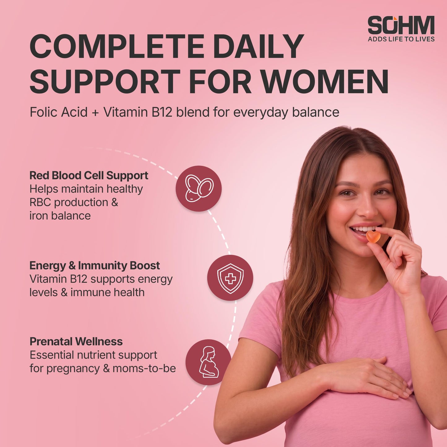 SOHM ADDS LIFE TO LIVES Folic Acid 300 mcg + Vitamin B12 for Women Gummy 60 Count