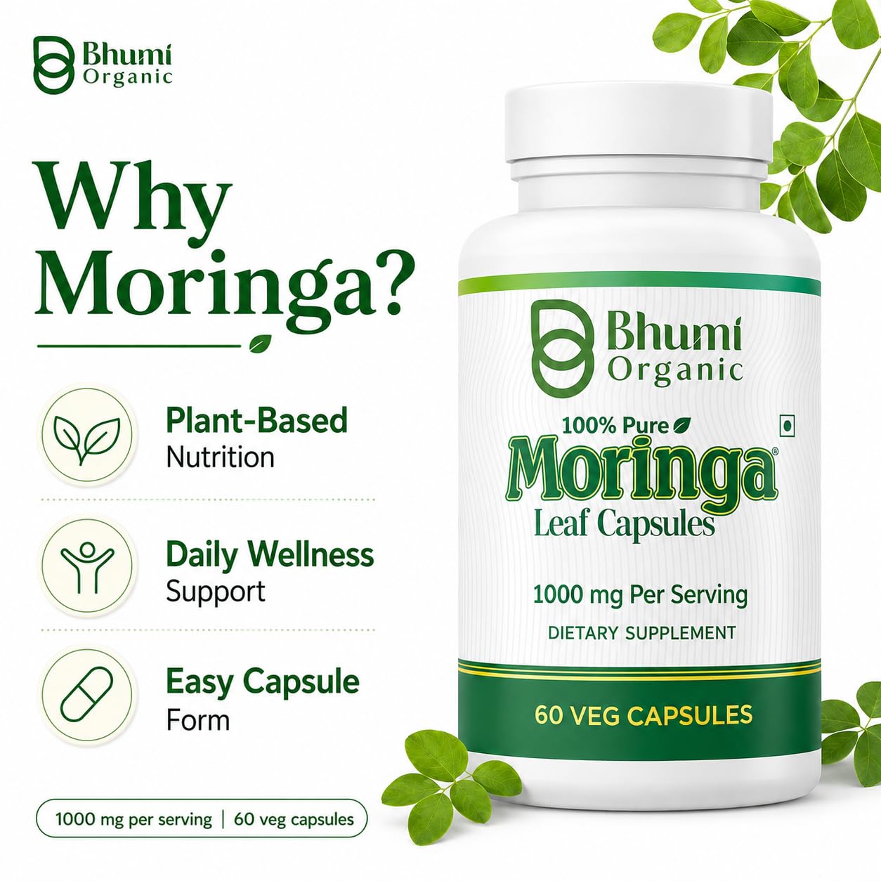 Bhumi Organic Moringa Powder Capsules 60 Count