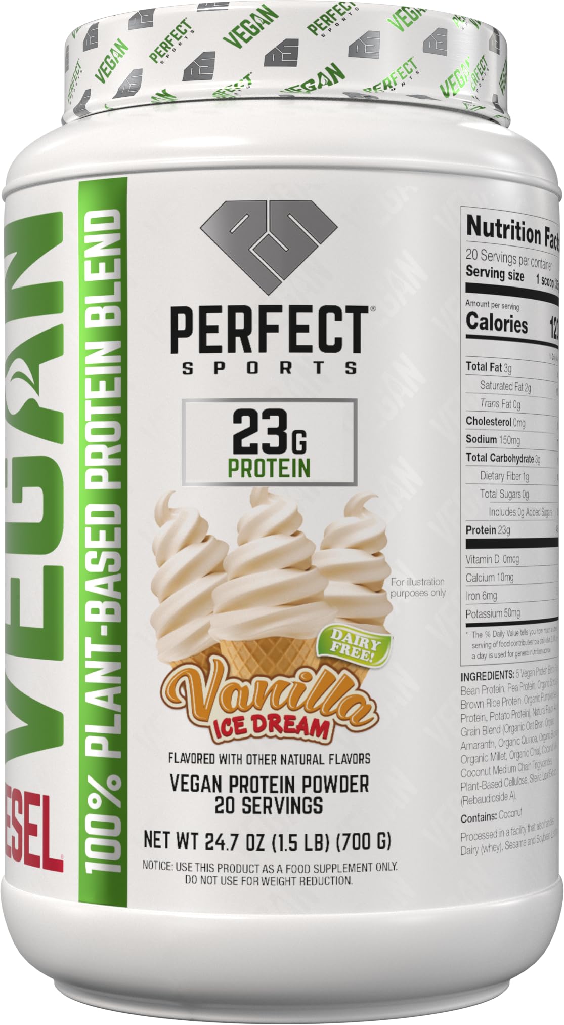PERFECT SPORTS Vegan Diesel 100% Plant Based Protein Powder, 24 Servings, 1.5 Pounds