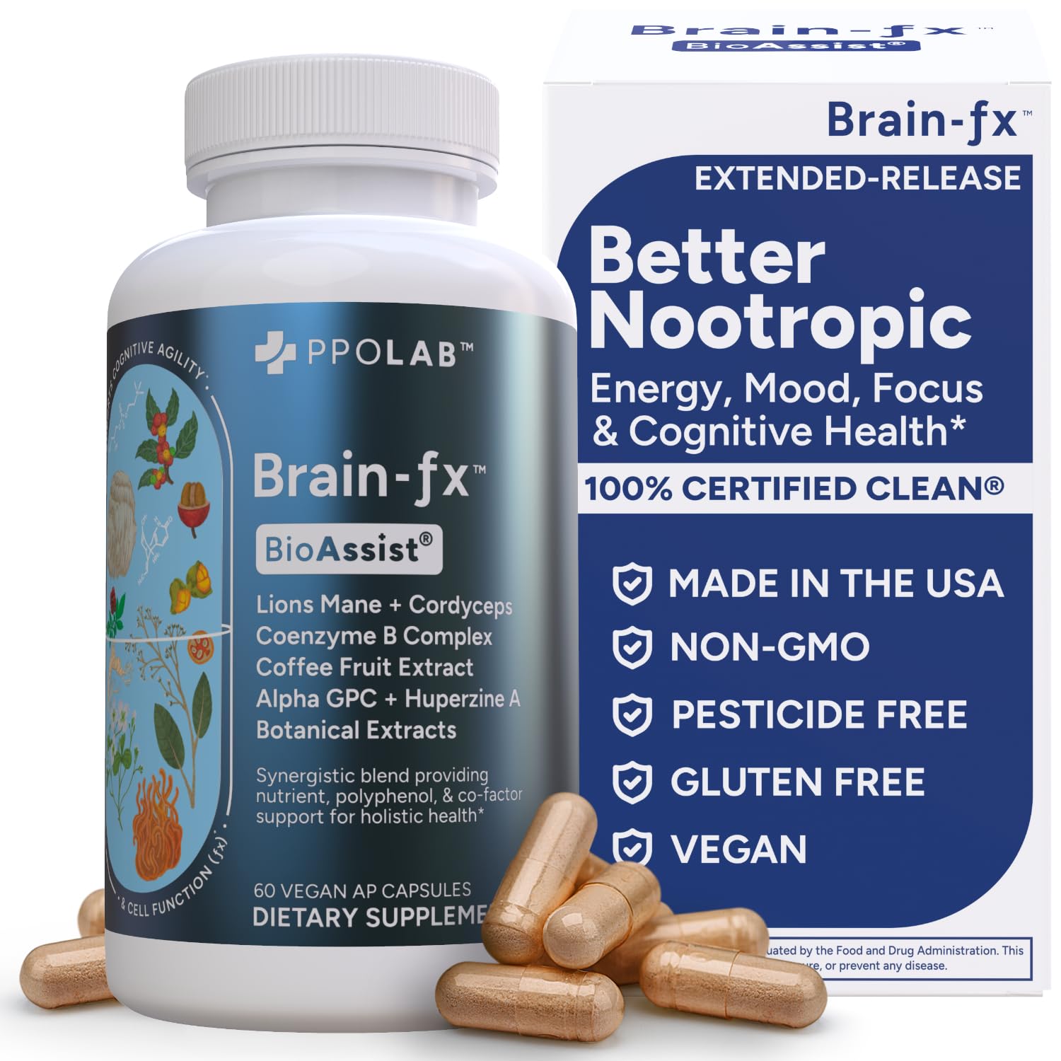 PPO Lab Brain-fx Extended-Release Vitamins for Brain Health, Supplement for Memory and Focus with Nootropics, BDNF Factor, Methylated B Complex, L-Theanine, Lions Mane, Alpha GPC, 60 Capsules