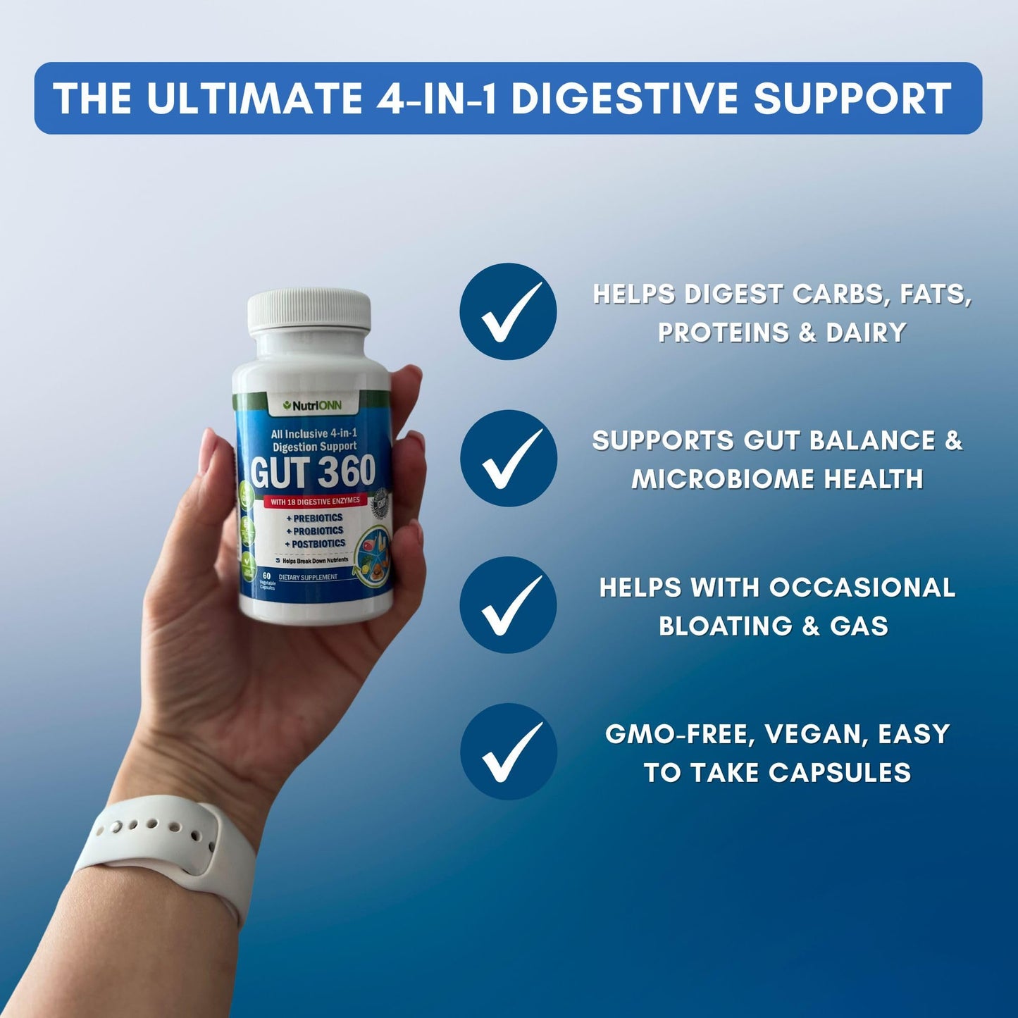 NutriONN 4-in-1 Probiotics, Prebiotics & Postbiotics with 18 Digestive Enzymes for Women & Men Capsules, 60 Count