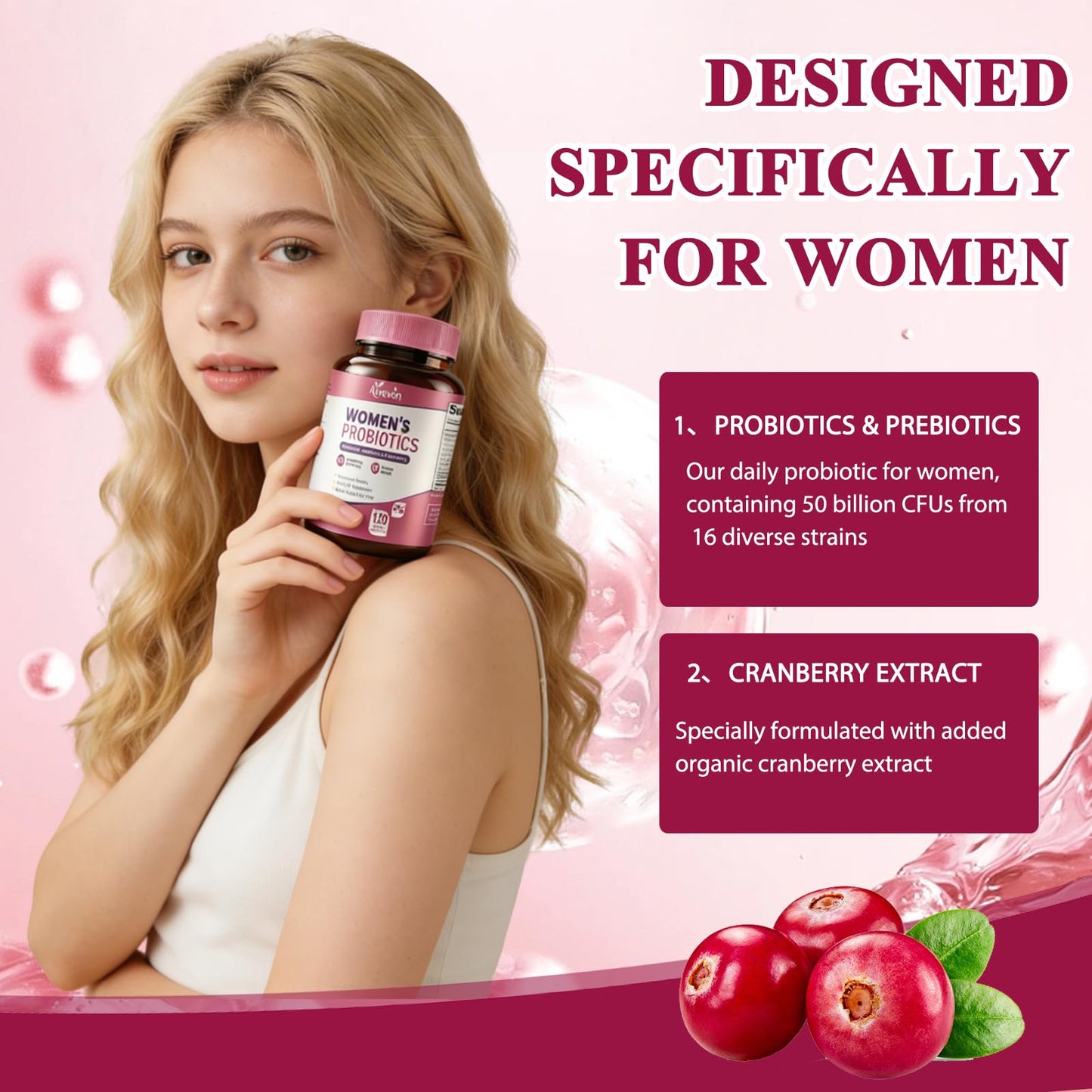 Aiwevon Women Probiotics 50 Billion CFU with Prebiotics & Cranberry, 16-Strain Probiotic for Digestive Gut Health, Vaginal & Urinary Tract Support, 120 Capsules