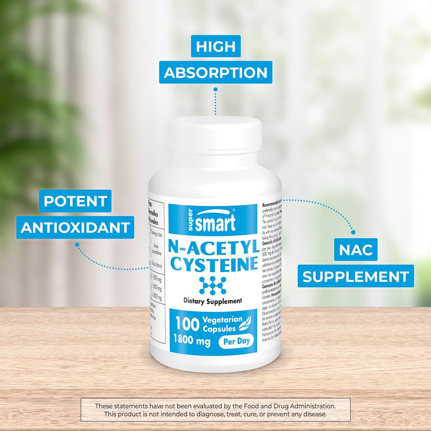 Supersmart N-Acetyl Cysteine 1800mg High Absorption NAC Supplement Glutathione Precursor, 100 Capsules