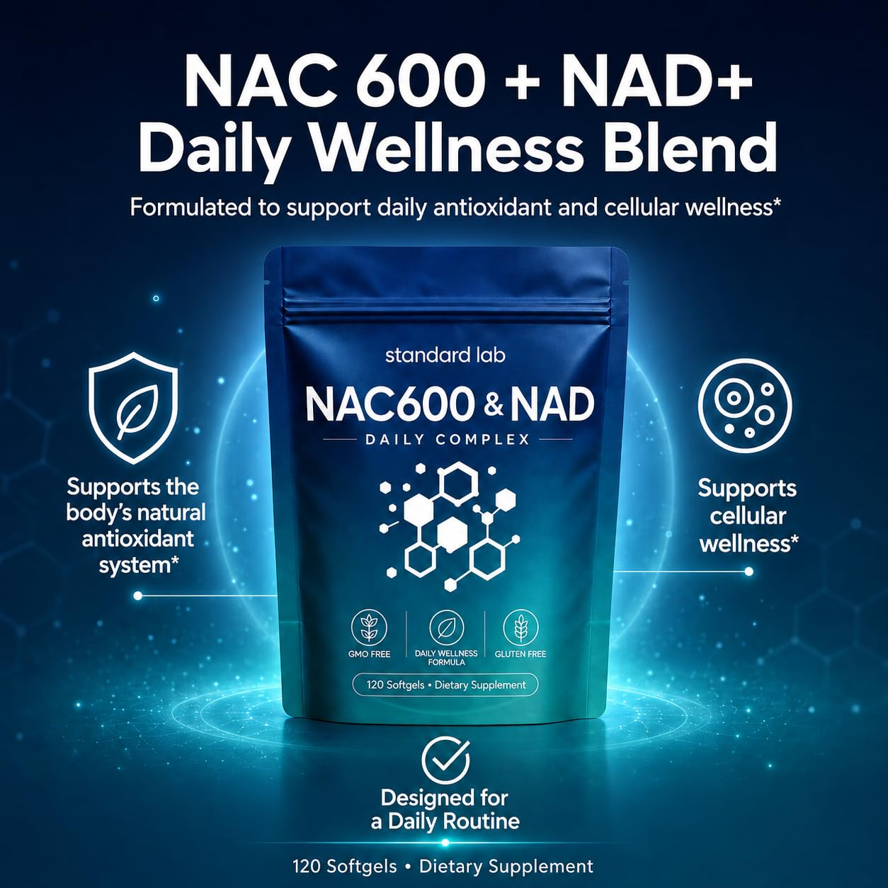 The standard lab Nac600 & NAD Daily Complex Softgels, 120 Count