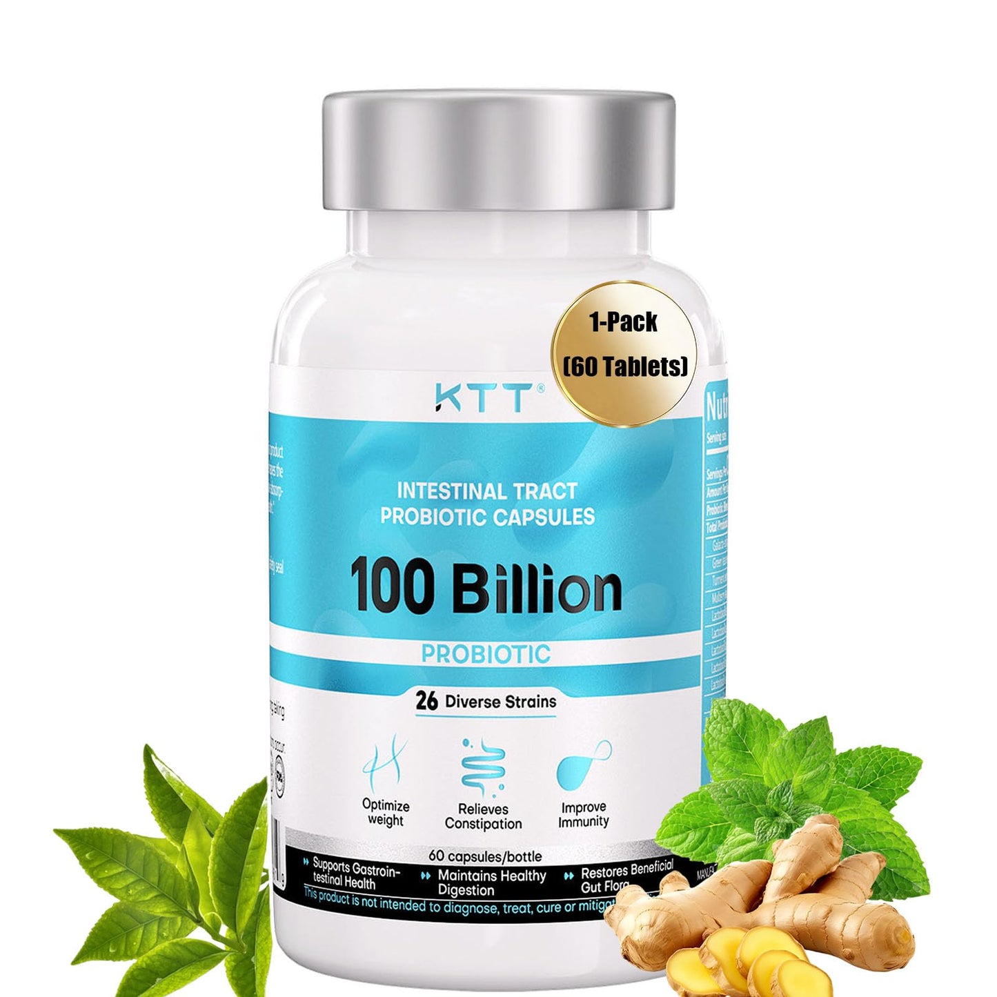 KTT Probiotics 100B CFU, 26 Strains for Gut Health & Immune Support, Acid-Resistant Capsules, Vegetarian, 60 Capsules