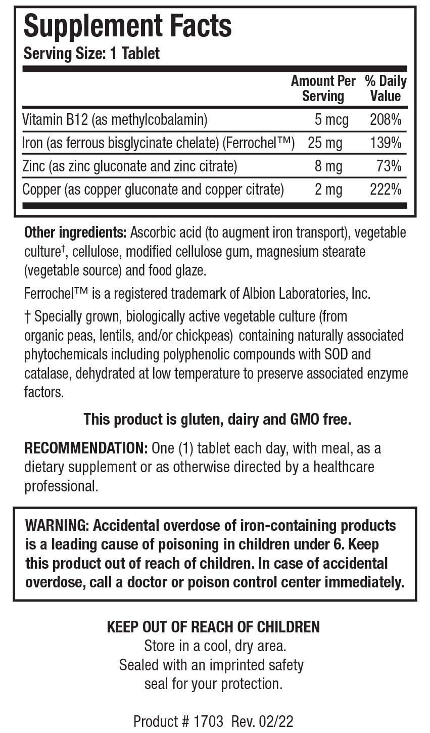 Biotics Research Fe-Zyme Iron 25 mg with Zinc and Copper, Supports Normal Red Blood Cell Production and Healthy Energy Levels, 100 Tablets