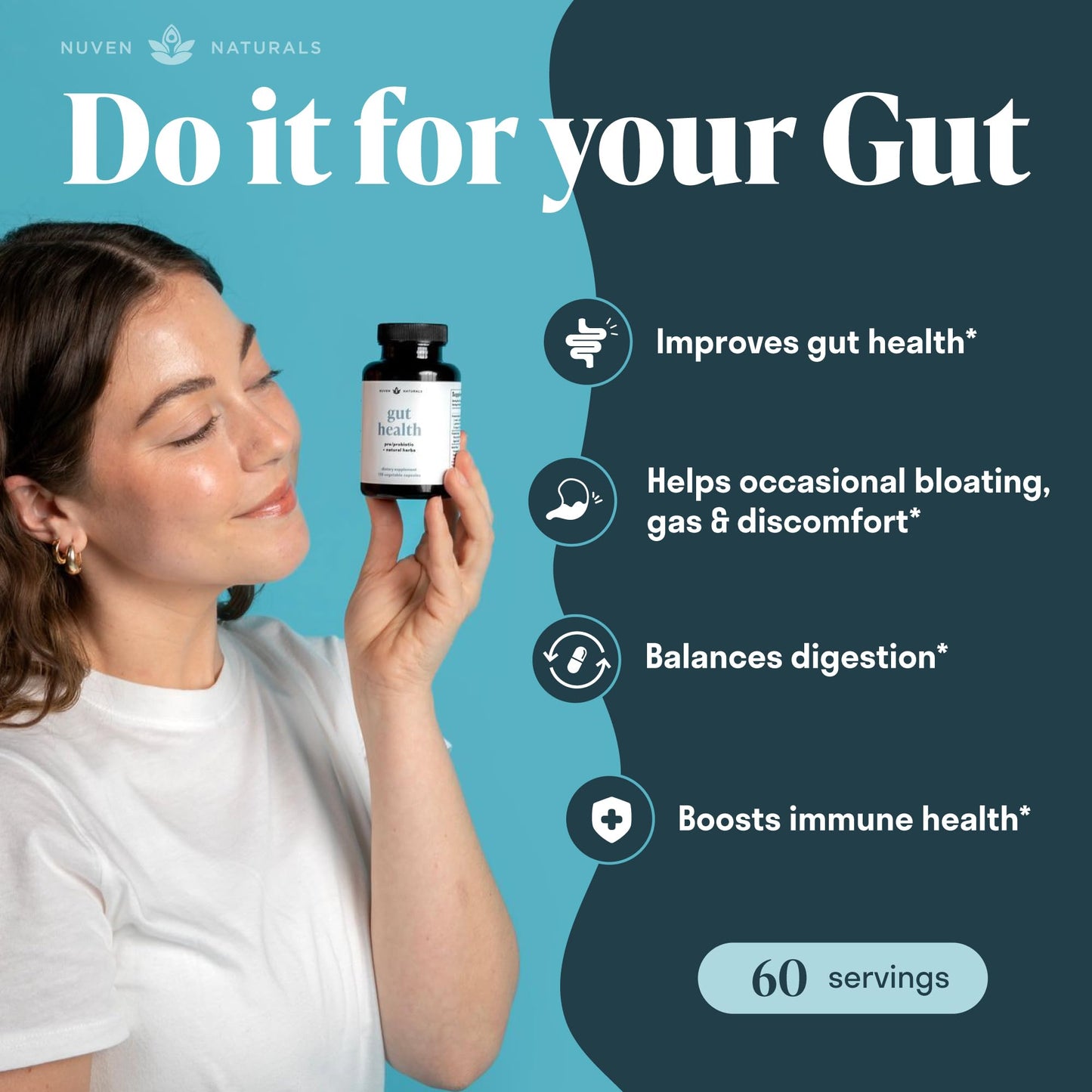 Nuven Naturals All-in-One Gut Health with Probiotics, Prebiotics, Digestion-Supporting Herbs, and Adaptogens Capsules 120
