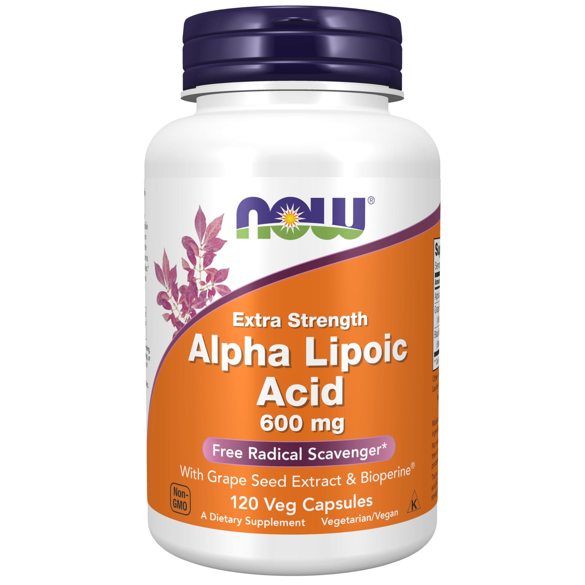 NOW Foods Alpha Lipoic Acid 600 mg with Grape Seed Extract & Bioperine, Extra Strength, 120 Veg Capsules
