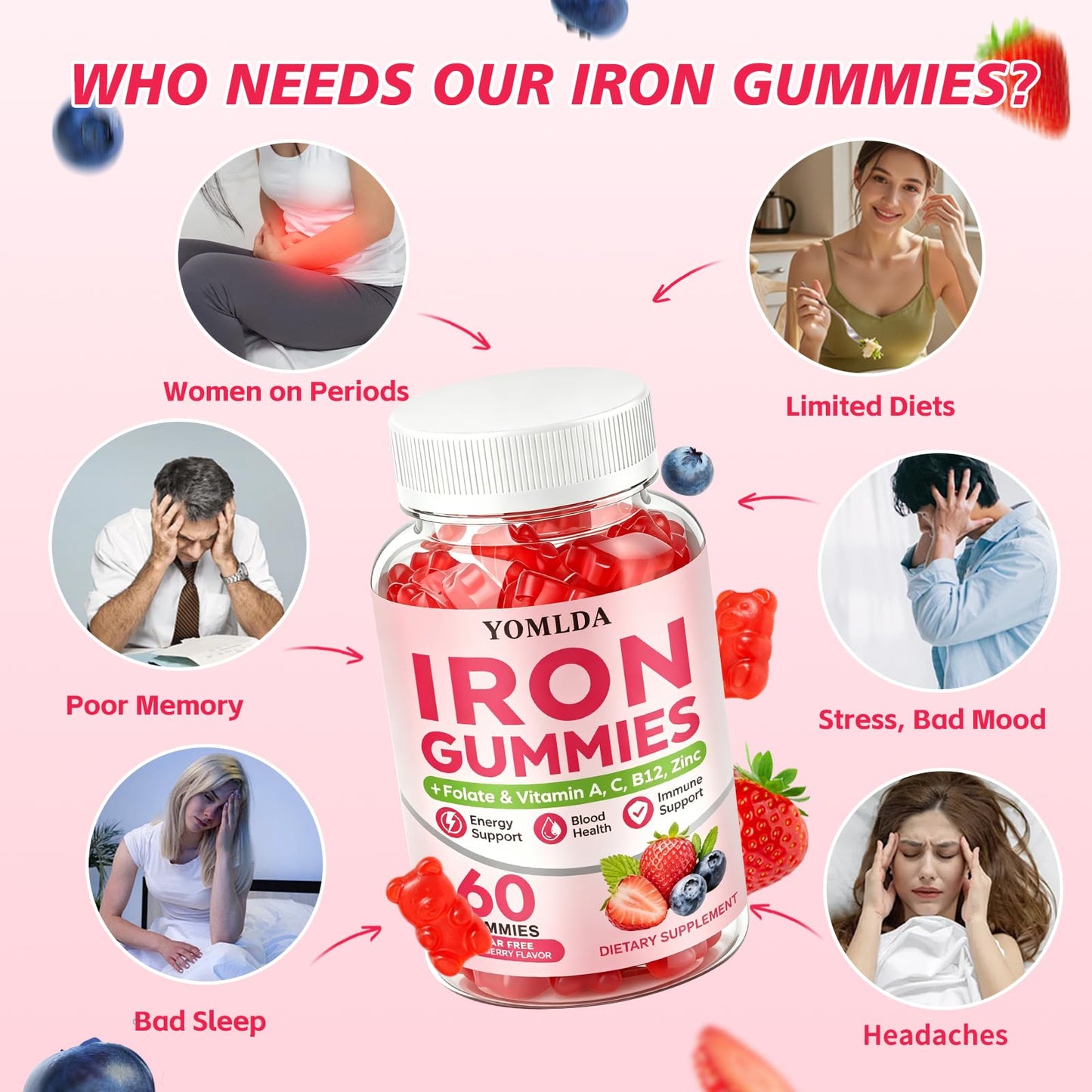 YOMLDA Iron Gummies for Women, Men & Kids - Vegan Sugar-Free with Vitamin C, A, B-Complex & Folate for Energy, Blood & Immune Support, 60 Gummies