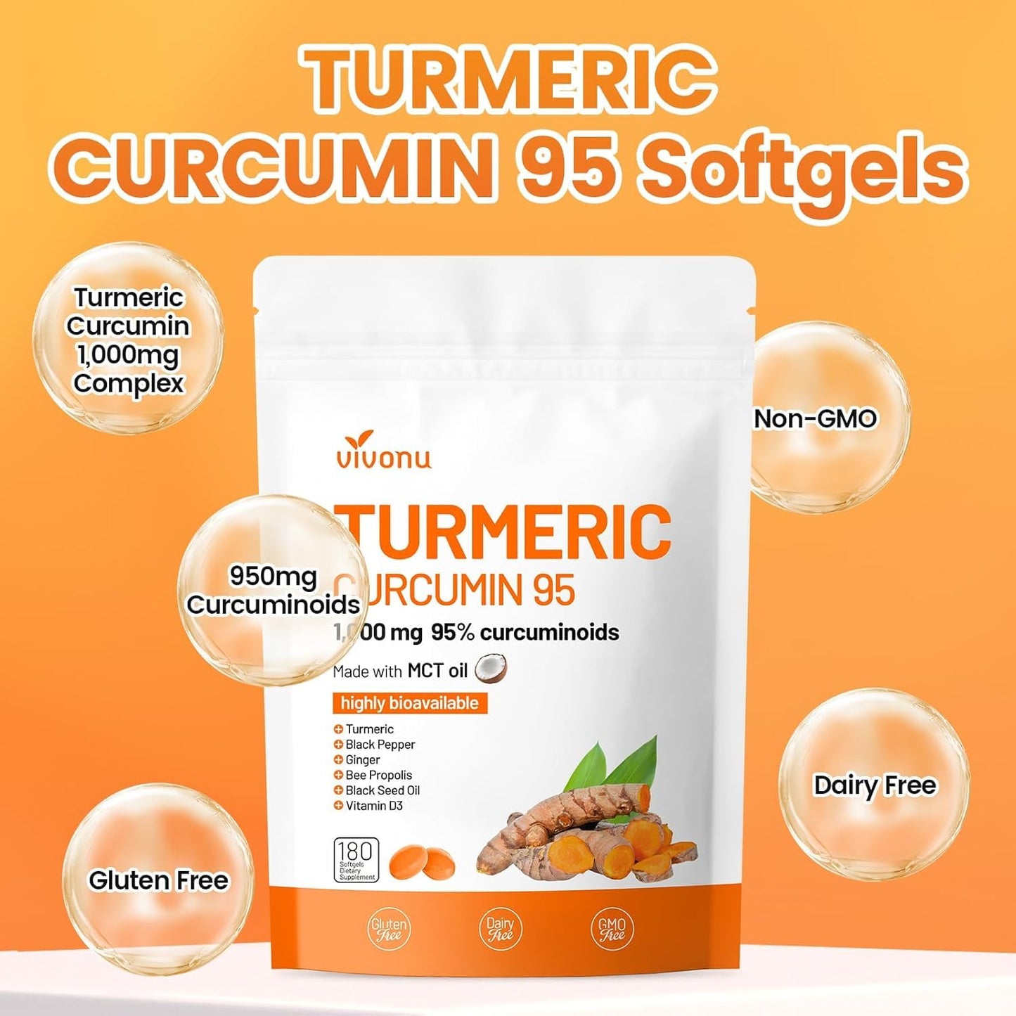 VivoNu 10-in-1 Turmeric Supplement Softgels 180 Count
