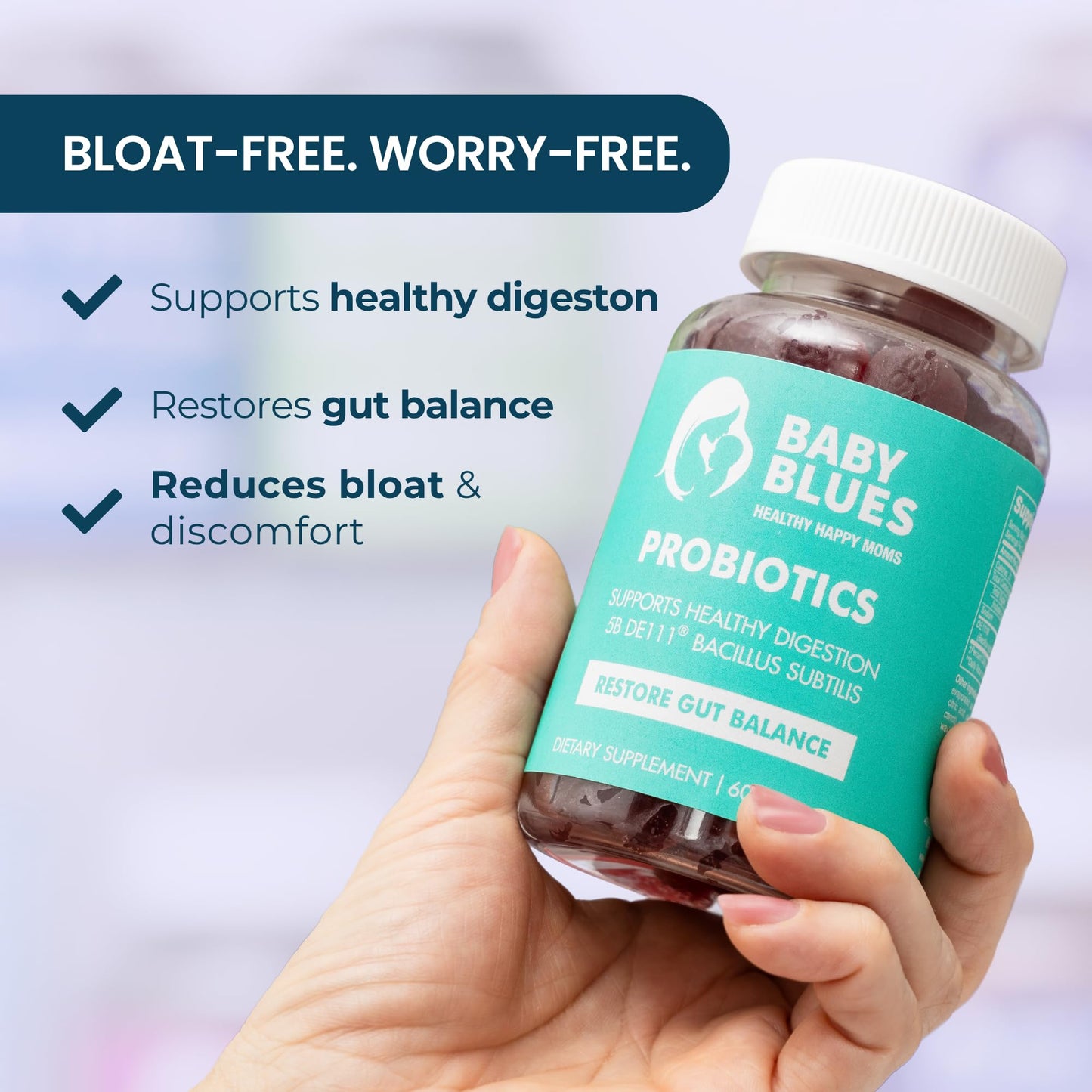 Baby Blues Probiotic Gummies for Women, Prenatal and Postnatal Probiotic for Pregnancy, Postpartum and Breastfeeding, Gut Health and Digestion, 5 Billion CFU DE111, Organic Strawberry, 60 Gummies
