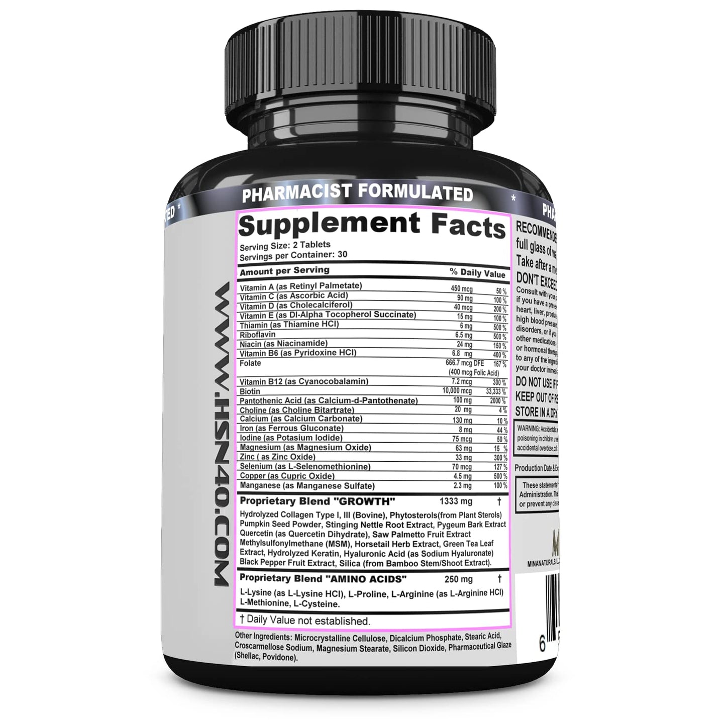 MINANATURALS Hair Skin and Nails Growth Vitamins for Women with Biotin 10000 mcg, Keratin, Collagen for Thicker, Stronger Hair, Tight, Smooth and Soft Skin, Healthy Nails, 60 Tablets
