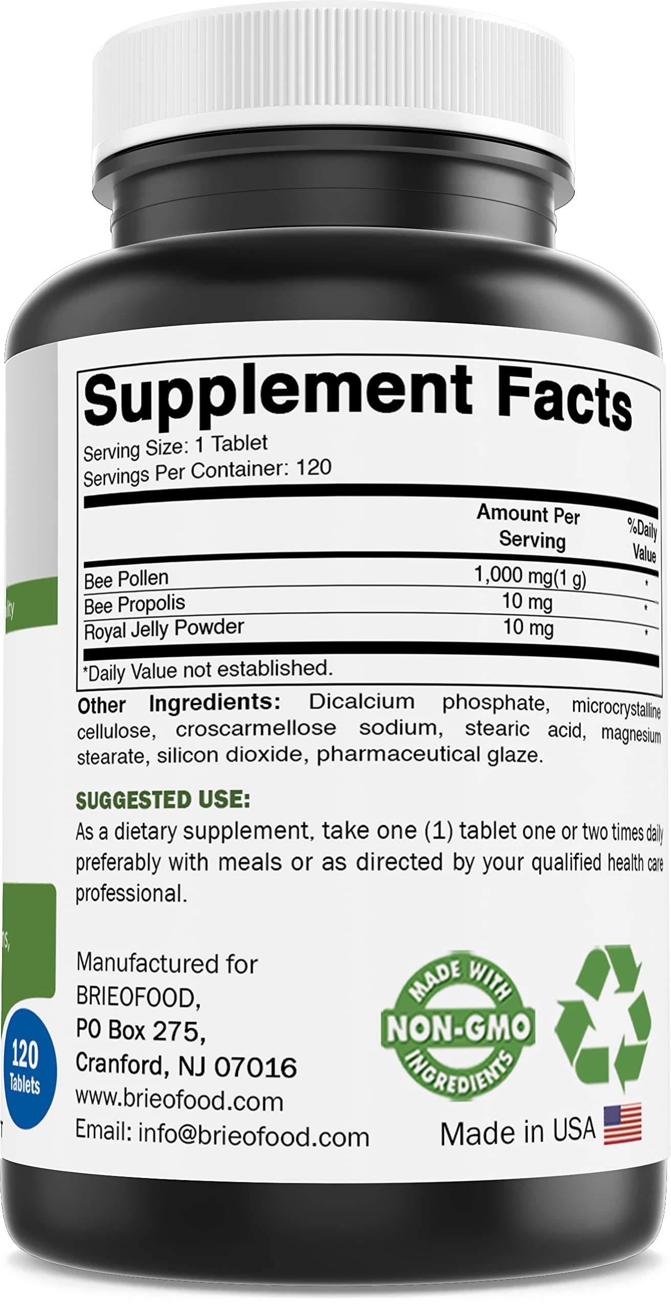 Brieofood Bee Pollen Complex 1000 mg Tablets, 120 Count