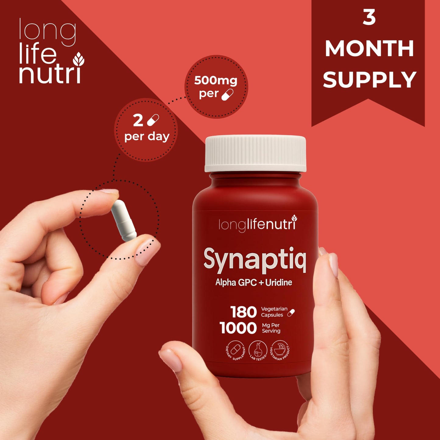 LongLifeNutri Synaptiq 1000mg (Alpha GPC + Uridine Monophosphate 600mg/400mg) Nootropic Choline Supplement, 180 Vegetarian Capsules